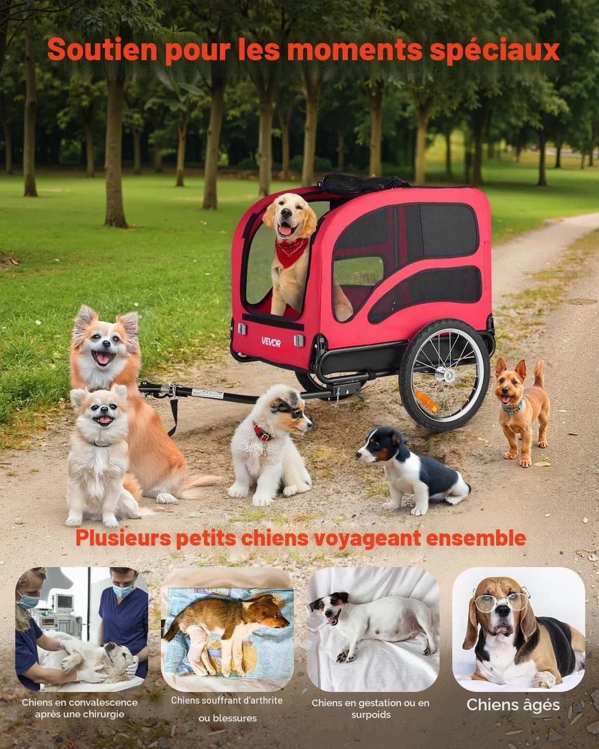 VEVOR Remorque de Vélo Chien Pliable Charge 45 kg Porte Animaux de Compagnie de Vélo Cadre Facile à Plier avec Roues à Dégagement Rapide, Coupleur de Vélo Universel,Réflecteurs, Drapeau