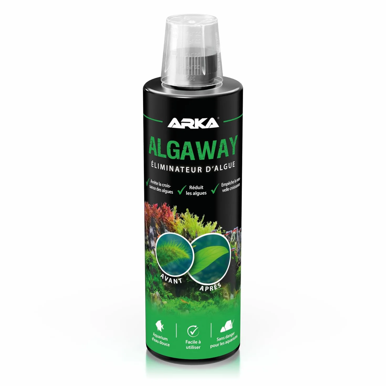 ARKA Algaway Éliminateur d’algues Aquarium 473 ML – sans cuivre Compatible Plantes – Eau Douce