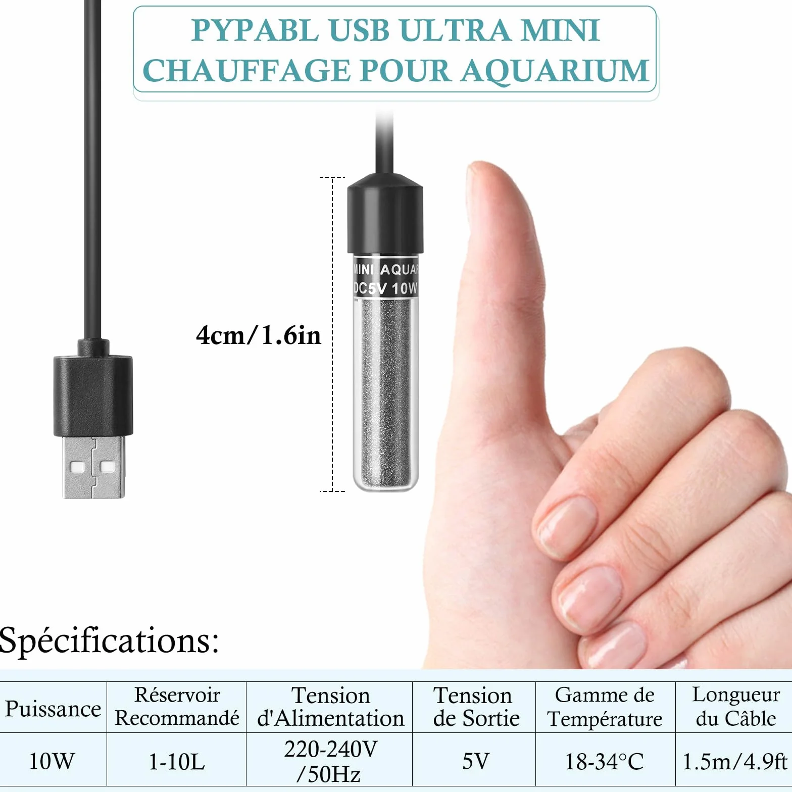 10W Chauffage Aquarium USB Ultra Mini, Chauffage Réglable Compact pour Petits Aquariums 1-10L, avec Régulateur Externe, Chauffage pour Betta et Ronds à Poissons