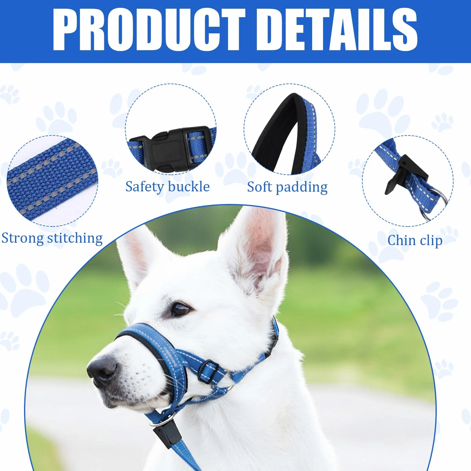 Muselière Chien Tapis en Mousse Dog Muzzle Réglable Cou 36-50cm Bleu Muselières Réfléchissant Licol Chien Souple et Léger Empêche Morsures Aboiements et Tractions