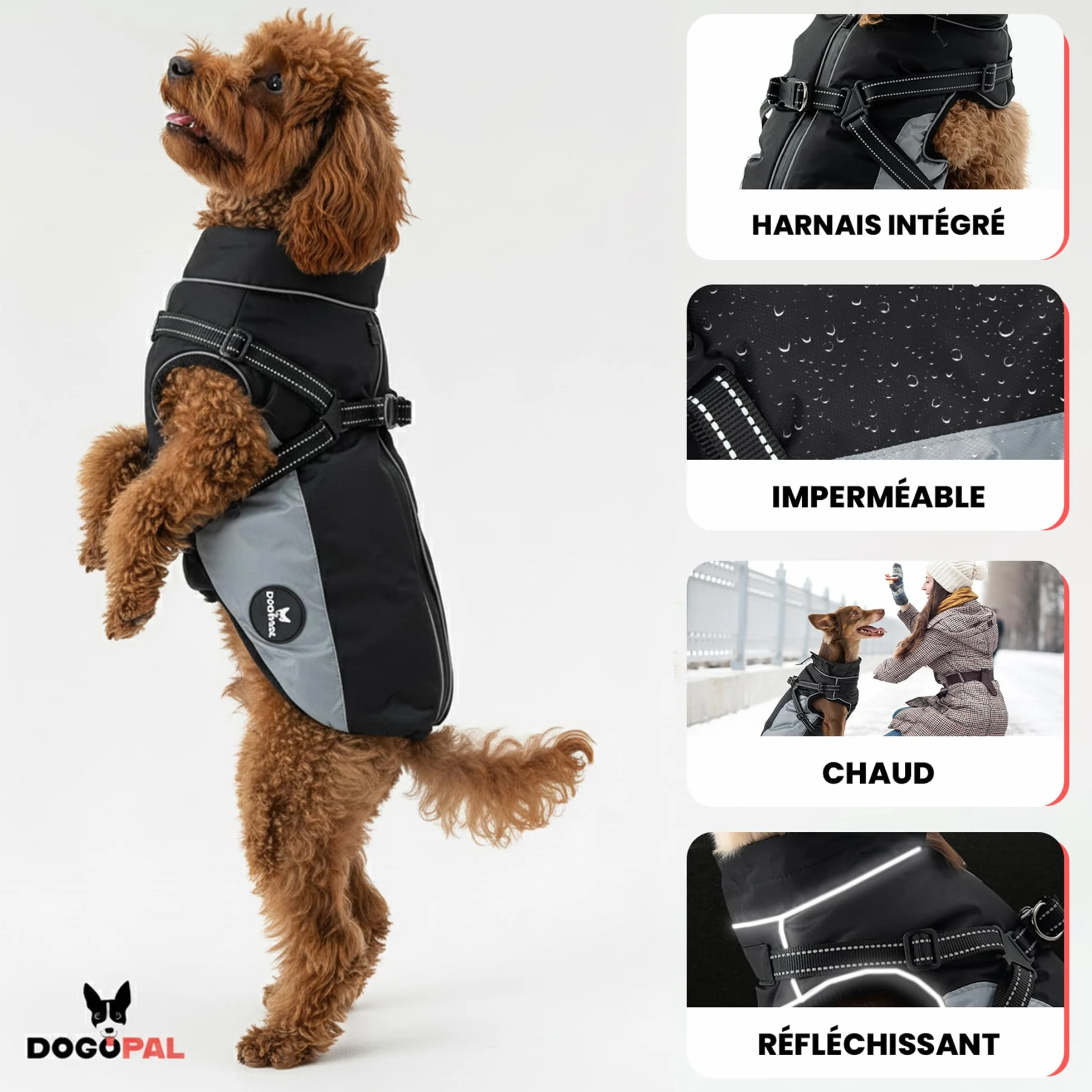 DOGOPAL Manteau Imperméable pour Chien avec Harnais Intégré – Veste de Pluie Réfléchissante, Coupe-Vent et Chaude pour Chien, Veste de Protection pour Petits, Moyens et Grands Chiens (Gris, 45)