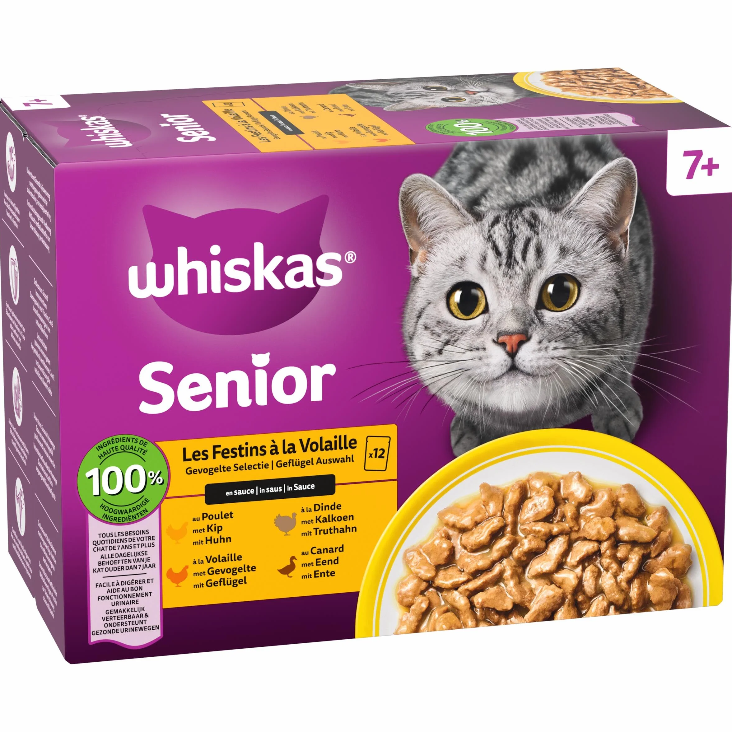WHISKAS Aliment humide en sauce Chat senior 7+ 12x85g Festins à la Volaille (Lot de 4) 48 Sachets