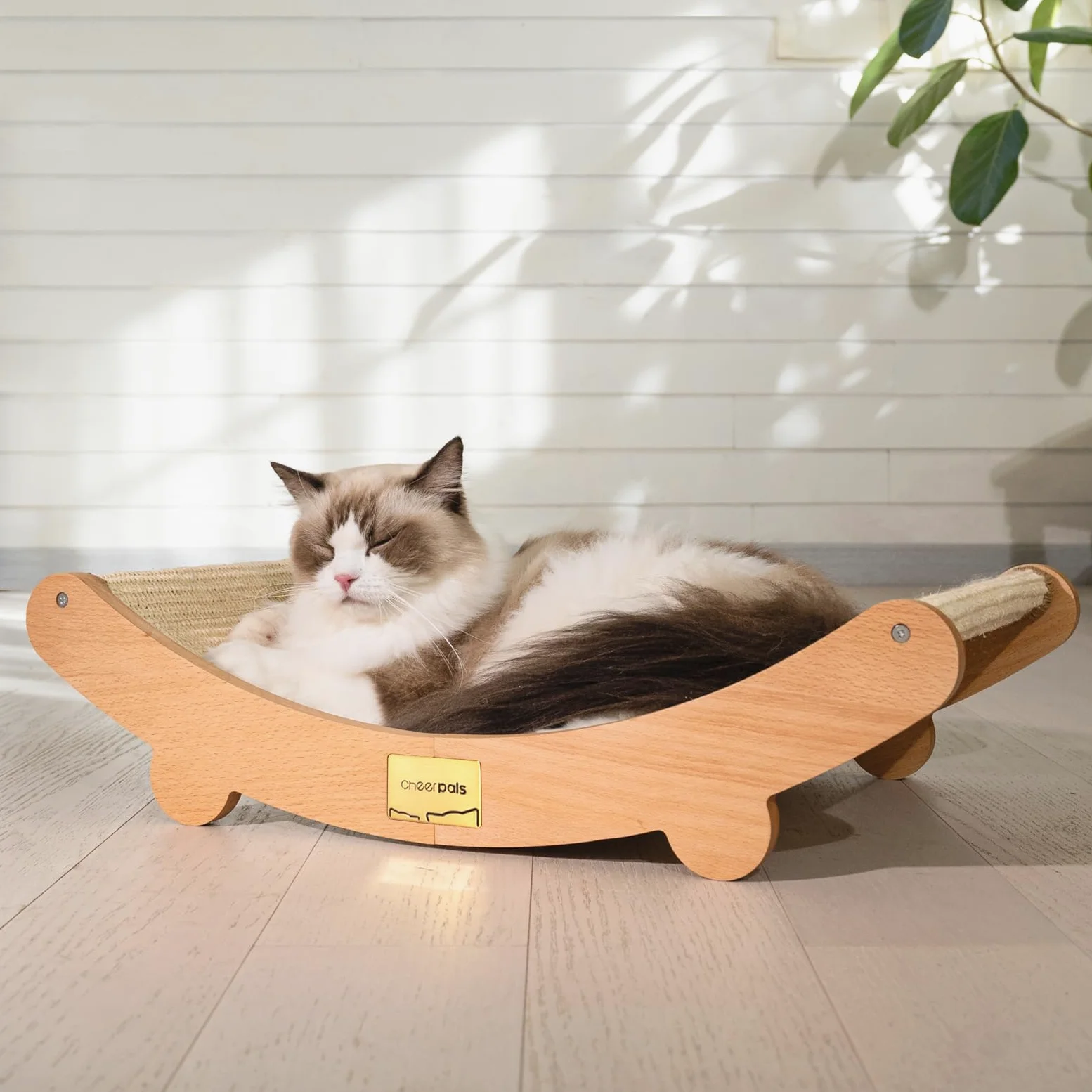 CheerPals Griffoir en sisal pour chat - Design incurvé à 160 ° - Bois de hêtre massif et sisal naturel - Extra large - 60 x 35 x 15 cm - Meuble griffoir pour tous les chats