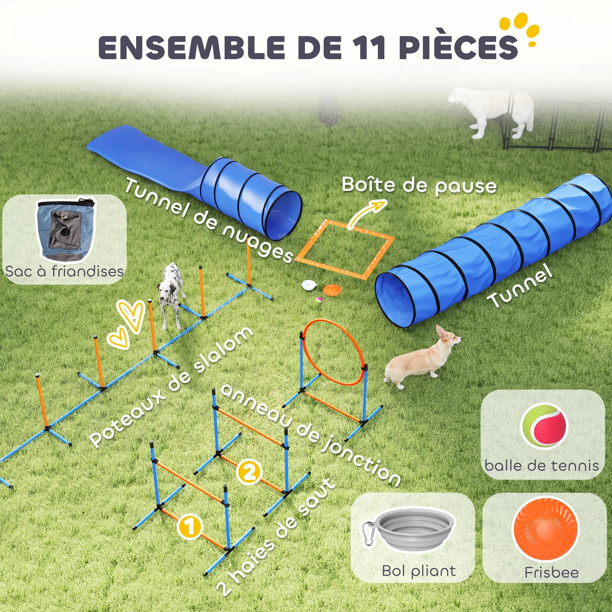 PawHut Ensemble d'Agilité pour Chien 11 Pièces avec 2 Tunnels, Sauts Ajustables, Anneau, Piquets, Zone de Pause, Sac de Transport