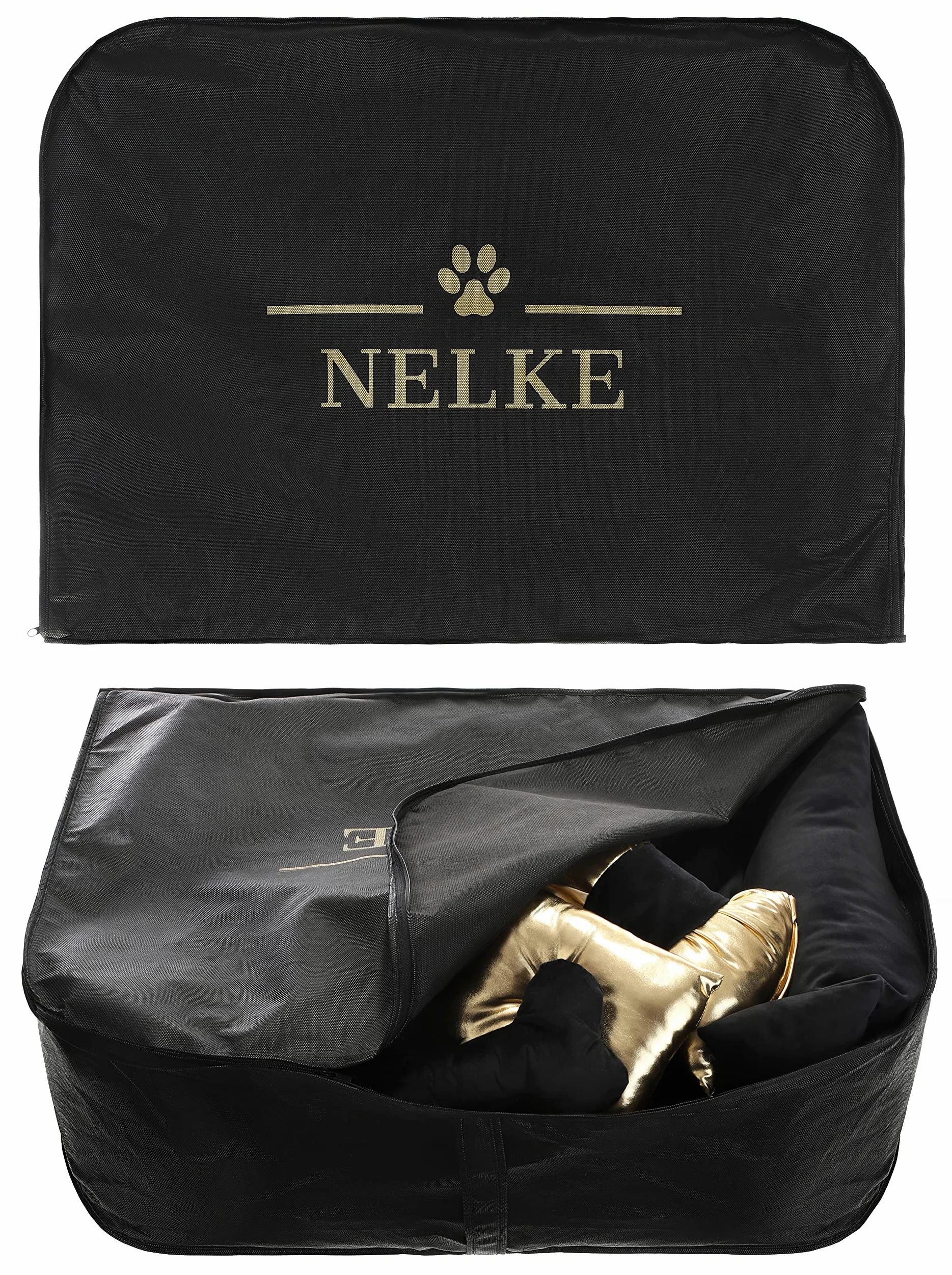 NELKE Lit pour chien, style glamour, canapé pour chien, noir avec ailes dorées, canapé de luxe pour chiens de petite et moyenne taille, coussin lavable