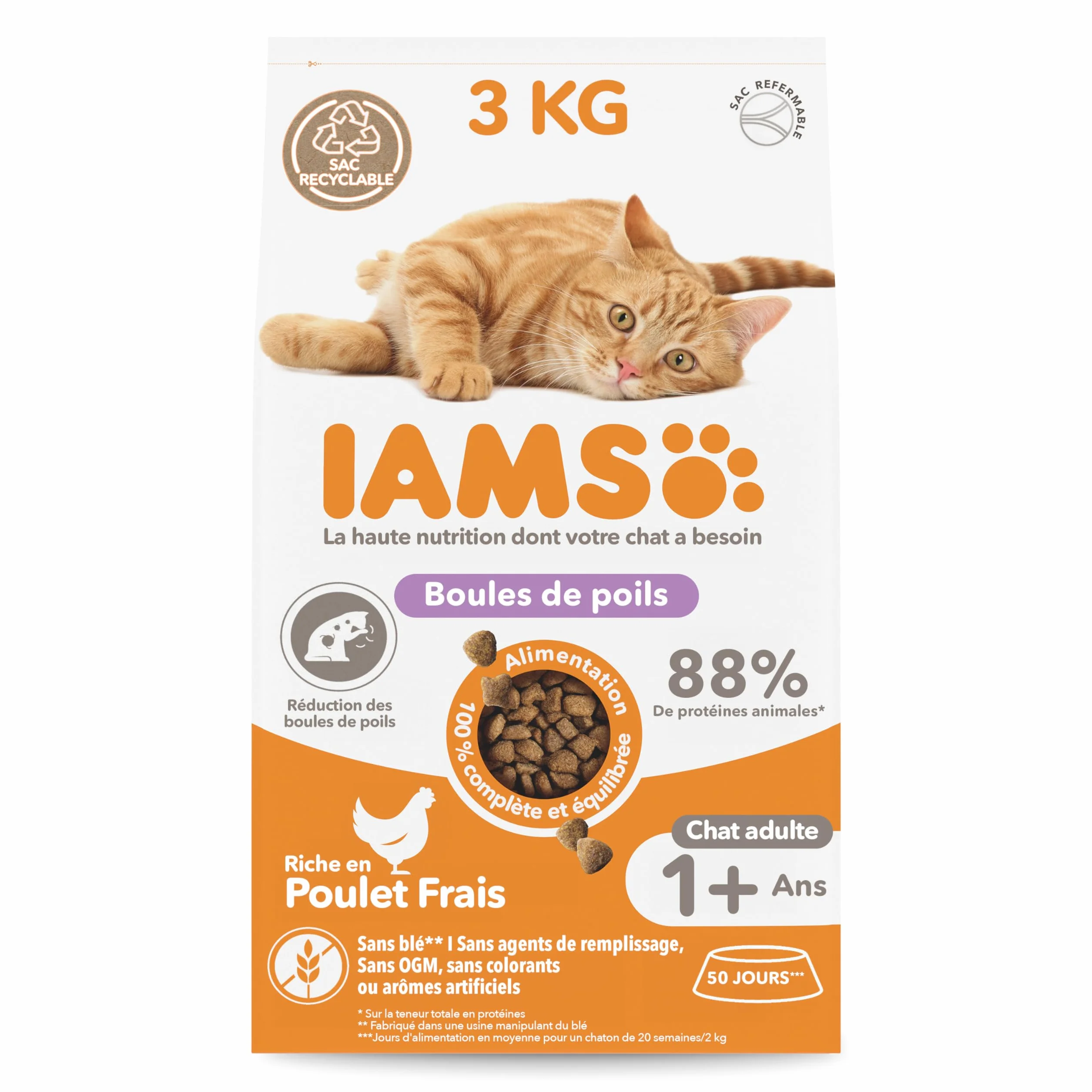 IAMS Advanced Nutrition - Croquettes Chats Adultes et Séniors Anti-Boules de Poils - 100% Complètes et équilibrées - Au poulet frais - Sans OGM Colorants Arômes Artificiels - Sac refermable de 3 kg