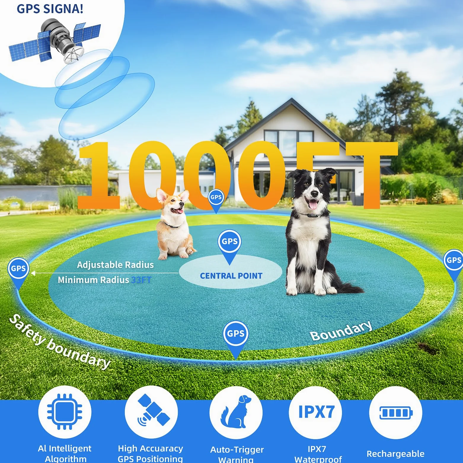 Patpet Collier Anti Fugue sans Fil GPS pour Chien pour Extérieur,IPX7 Étanche Précise Chien Électrique Système Clôture