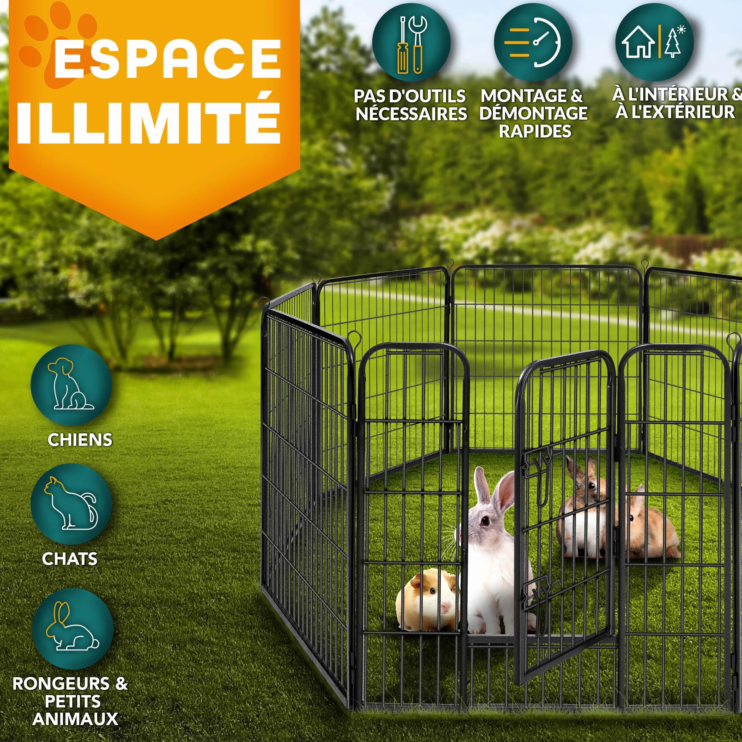TRESKO Parc d'extérieur pour Chiens Enclos en métal Circonférence 640 cm Hauteur 60 cm Noir