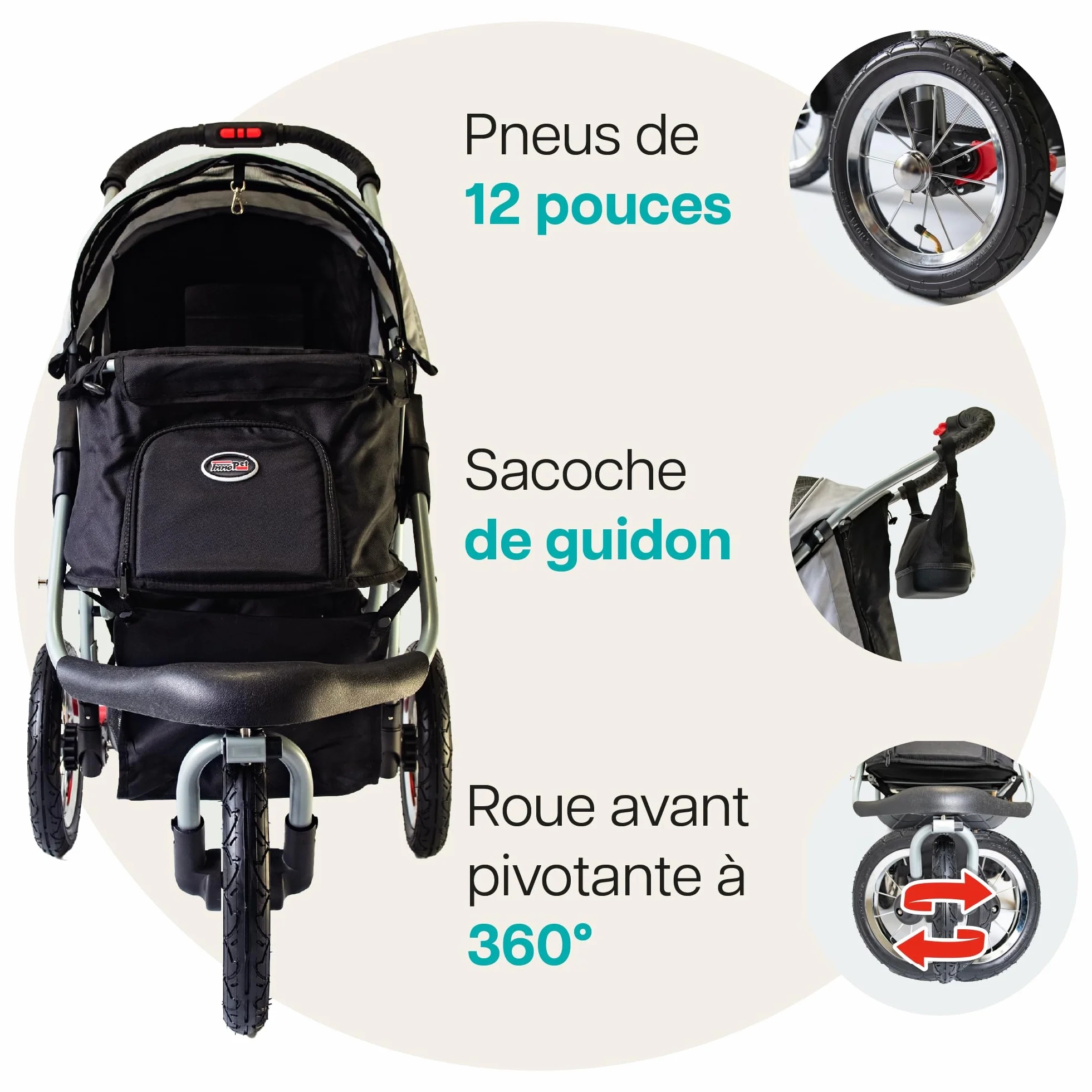 Poussette Innopet Comfort Air Eco pour chiens et chats, noir/argent - 12 pouces pneus pneumatiques - Pliable une main - Organiseur - Tissu nylon recyclé