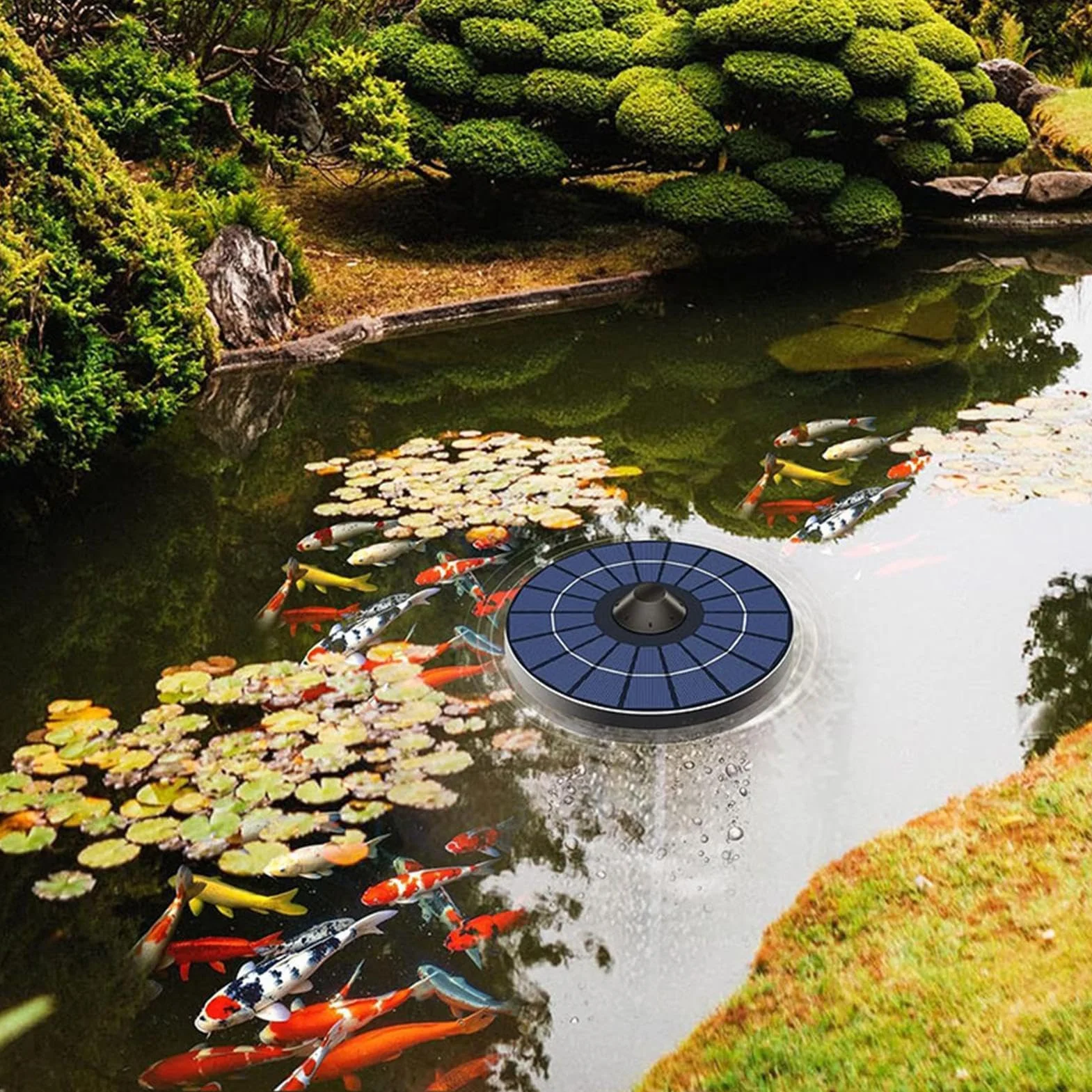 Aérateur de Bassin Solaire 2,5 W Pompe à Air Silencieuse avec Pierre à Bulles Kit Flottant