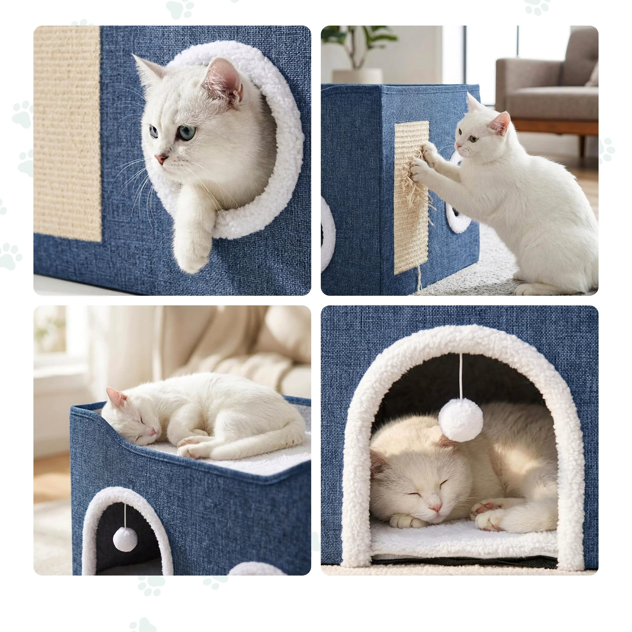 Grotte pour Chat Relaxdays, H x L x P : 34 x 60 x 40 cm, griffoir, Balle, 2 Coussins, Pliable, Bleue
