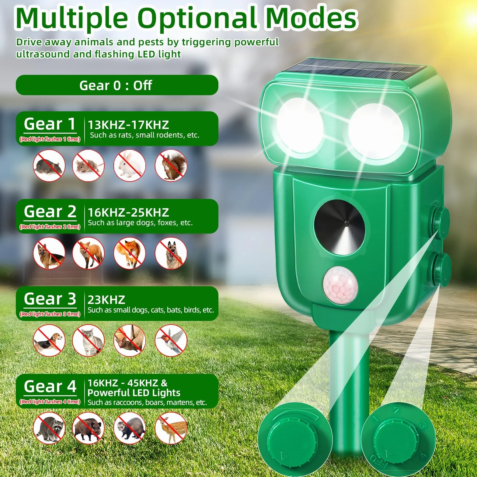 Répulsif pour chats à ultrasons solaire IP66 étanche fréquence réglable 5 modes