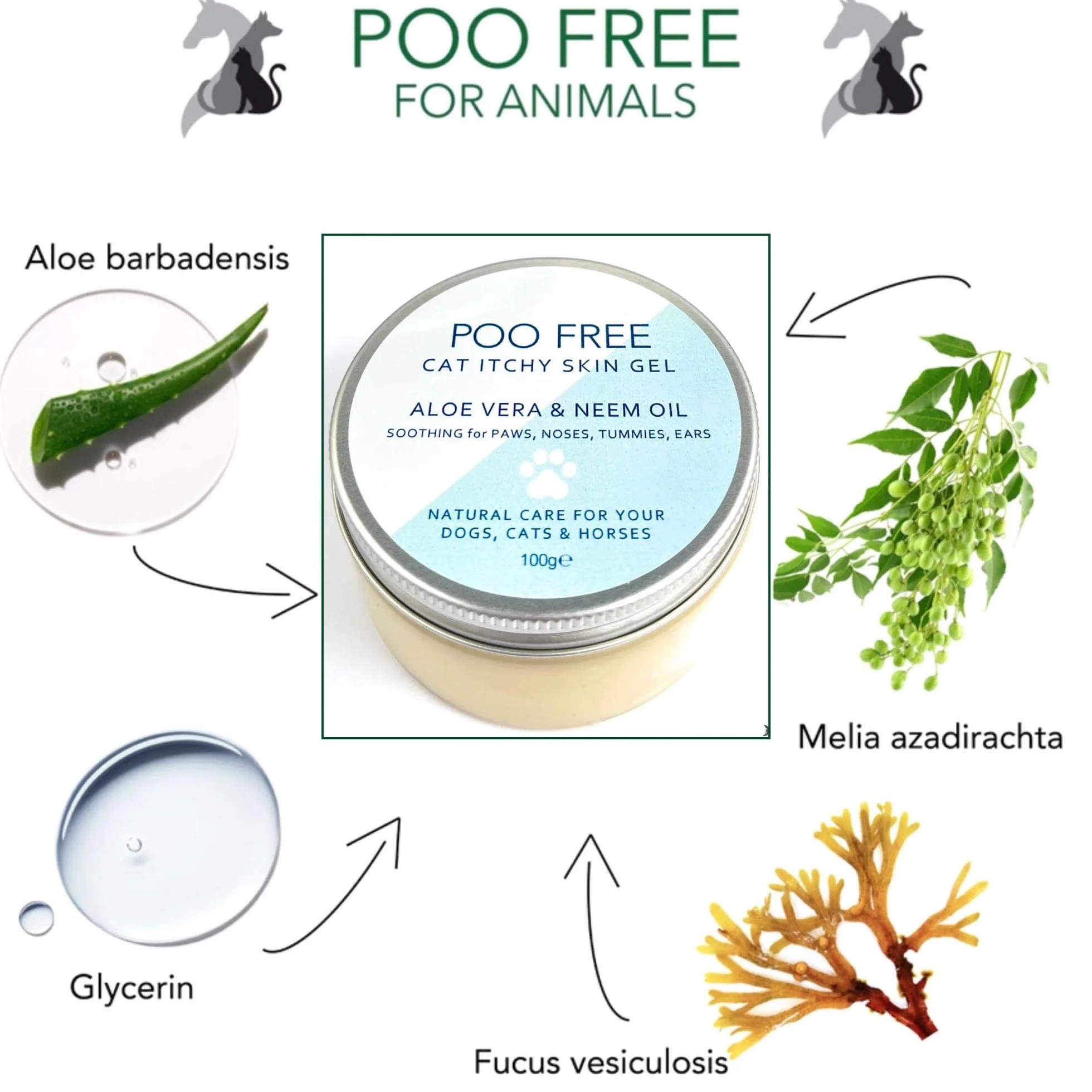 Gel Apaisant Félin Neem & Aloe Vera 99% d'Origine Naturelle Sans Parfum 100g