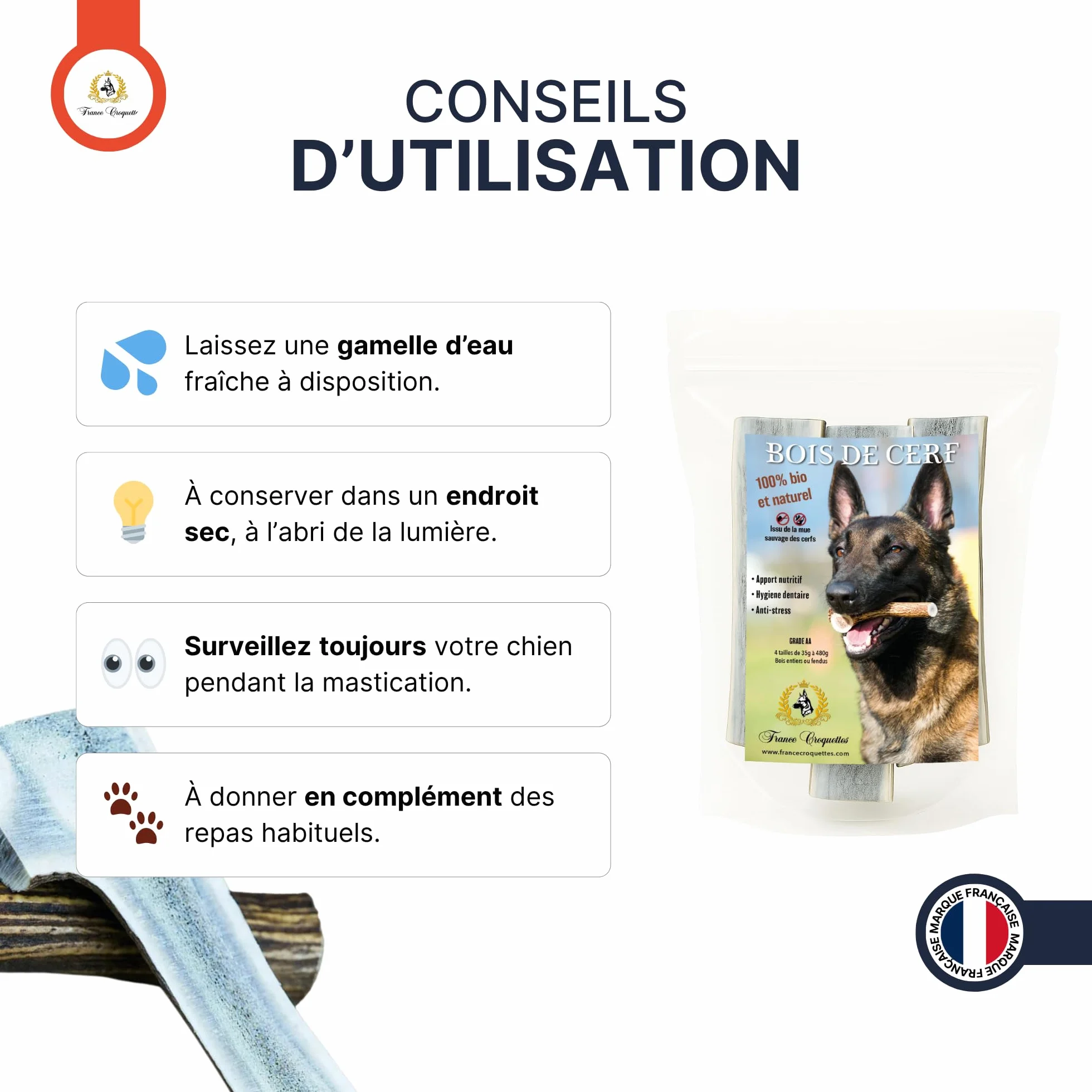 Bois de Cerf Fendu pour Chien, Friandise à Mâcher Naturelle Longue Durée, Soin Dentaire, 100% Bois de Cerf (XL)