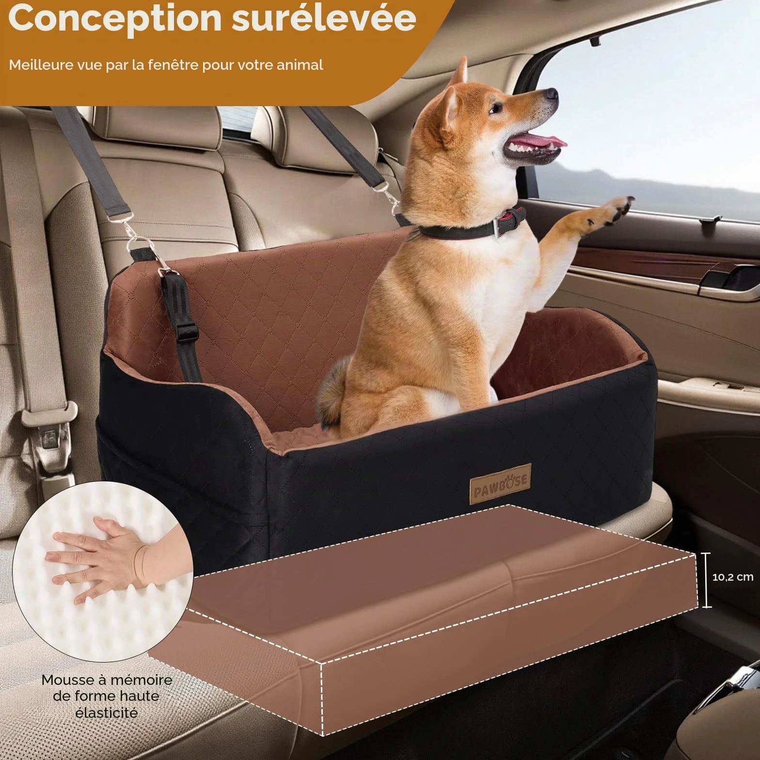 PAWBOSE Siège auto pour chien taille moyenne/grande moins 25 kg 2 petits chiens rembourrage tissu doux mousse mémoire forme amovible