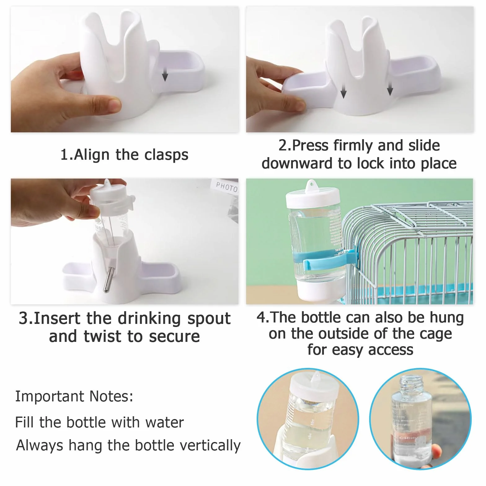 Bouteille d'Eau pour Hamster 80 ML Blanche, Distributeur Automatique 3 en 1 avec Double Bol et Support, sans Fuite