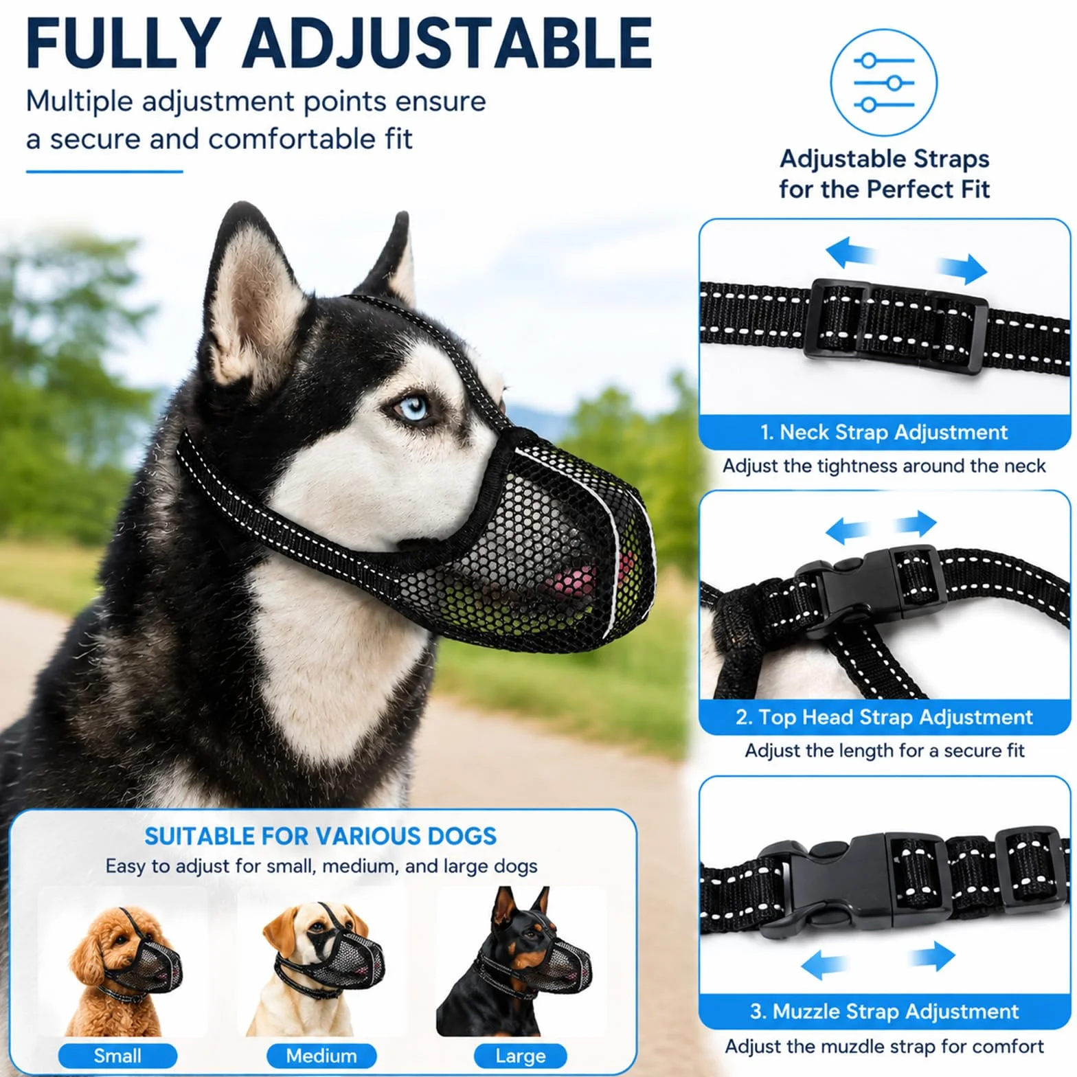 Muselière pour Chien, Respirante, réglable, Anti-Fress, réfléchissante, Protection légère, pour Chiens de Petite, Moyenne et Grande Taille, Panier de Dentition, en Maille, Noire, Taille (S)
