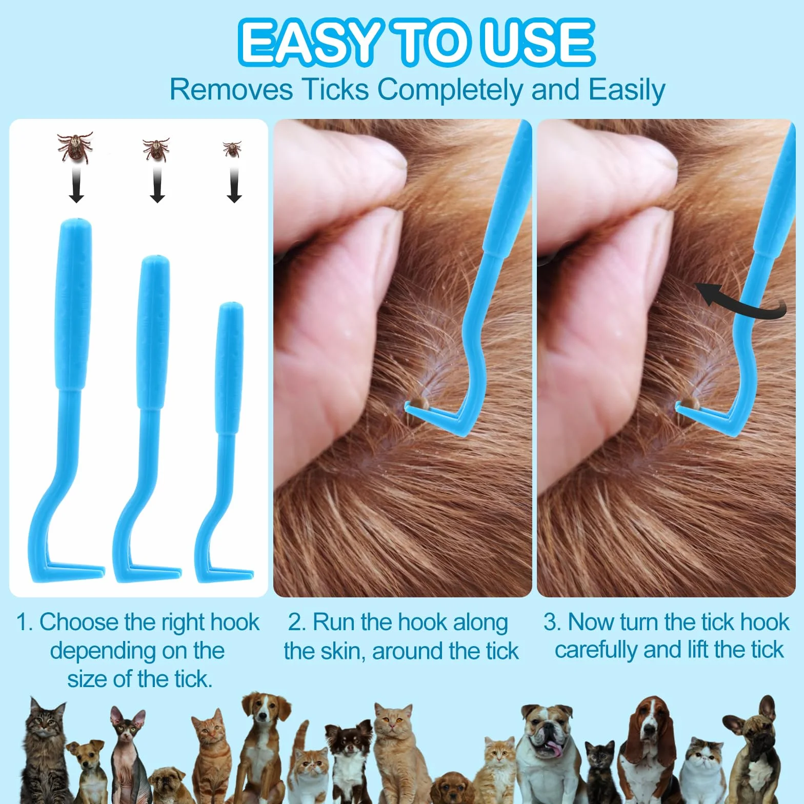 VFANDV Tire Tique pour Chiens, 3 Tailles Set Tire Tique, Crochet à Tiques, Pince à Tiques, Parfait pour Tout Kit d'urgence Tiques, Retireur de Tiques Fiable pour Chiens, Chats, Chevaux et Hommes