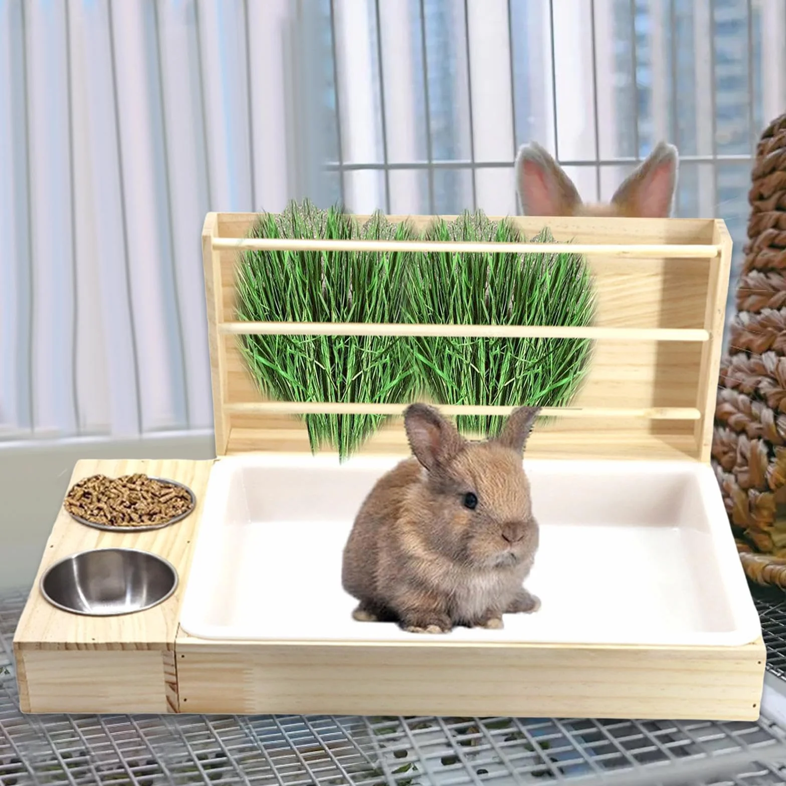 Râtelier à Foin en Bois 3 en 1 pour Lapin, Mangeoire avec Bols, Accessoire Cage