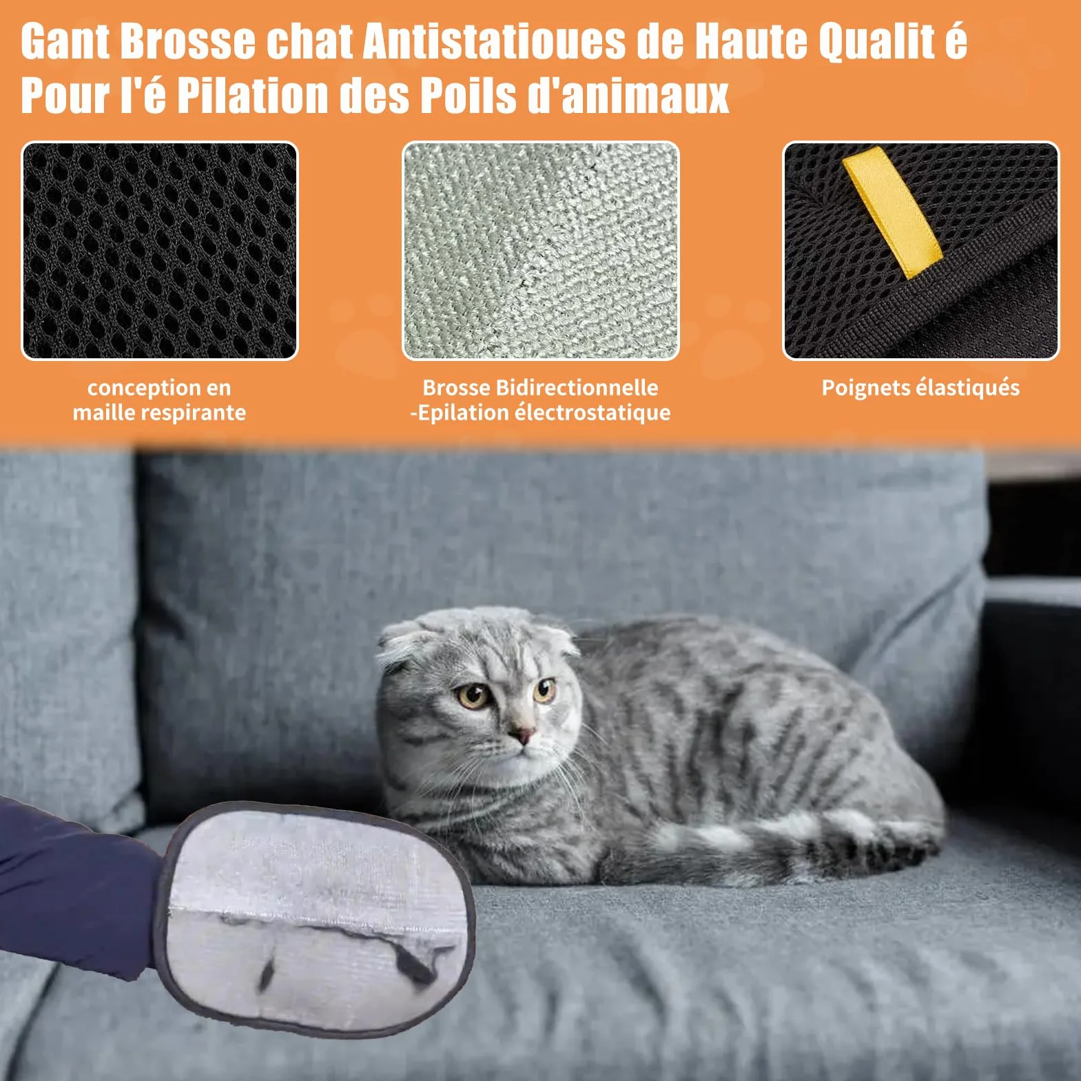 Zovator Lot de 2 gants d'épilation pour chats et chiens, gants de toilettage double face réutilisables