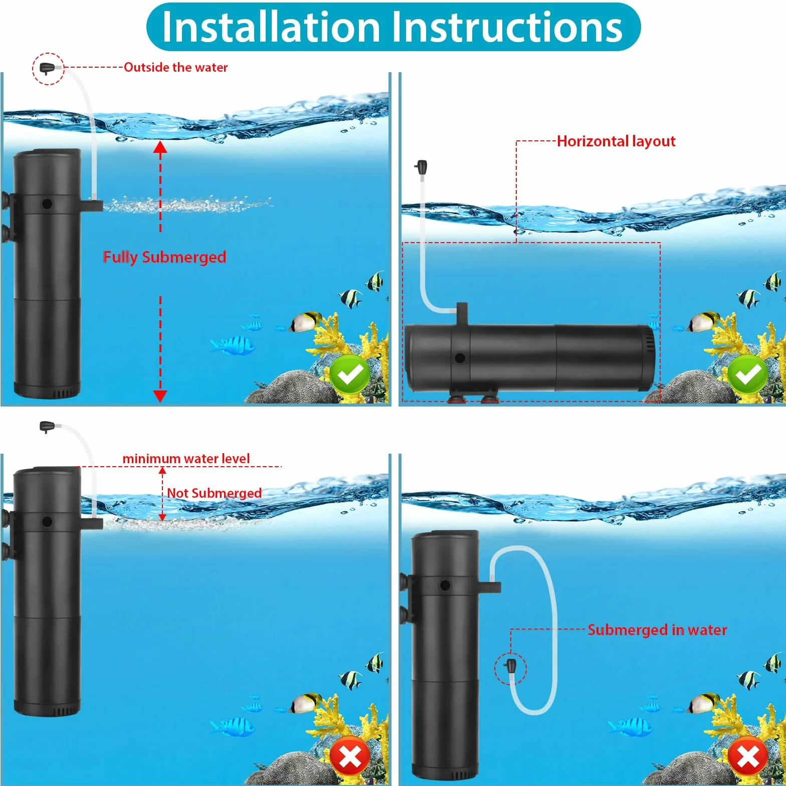 Filtre intérieur d'aquarium 12W 800L/H pour 50-200L avec Double Sortie d'eau et aération