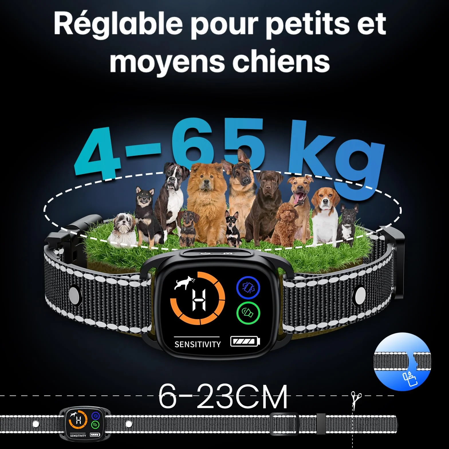 Collier Anti Aboiement Chien IP67 Rechargeable Son Vibration Forte Détection Intelligente Noir