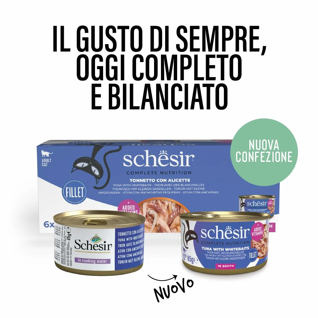 Schesir, Thon avec alicette en Bouillon, Nourriture Humide complète pour Chats, en Conserve, avec des vitamines supplémentaires, 100% Naturel, 6 x 85 g