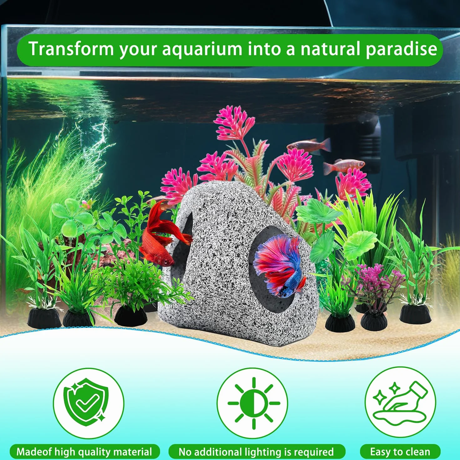 SLOCME Ensemble de 10 pièces de roches et de plantes pour aquarium - Décorations en plastique colorées et abris en céramique