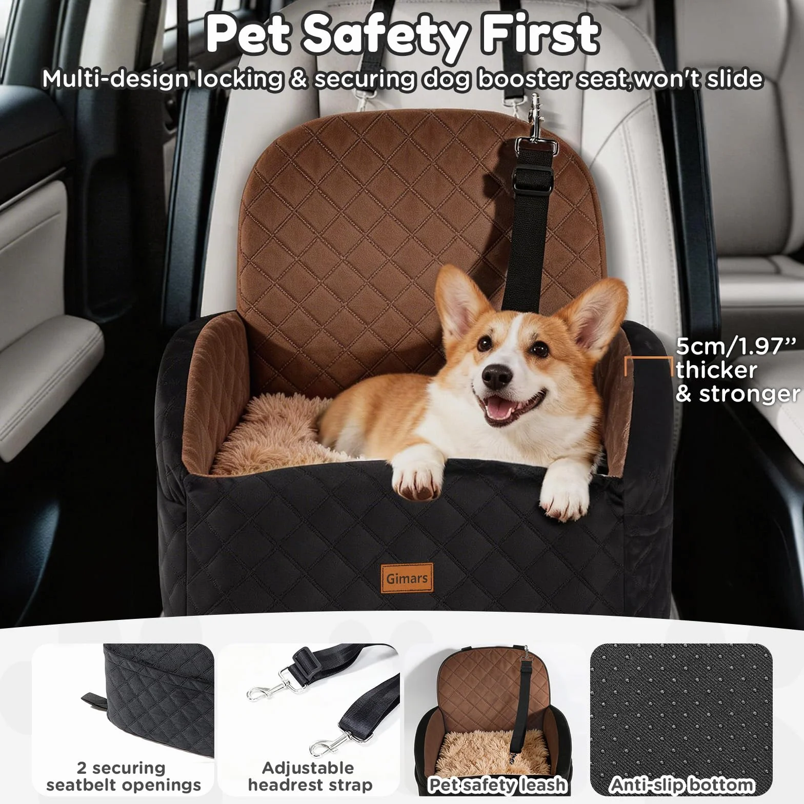 Gimars Siège Auto Chien Réversible Peluche pour Petits/Moyens Chiens Jusqu'à 16kg, Amovible Lavable, Antidérapant, Panier Voiture avec Mousse 28D 15cm
