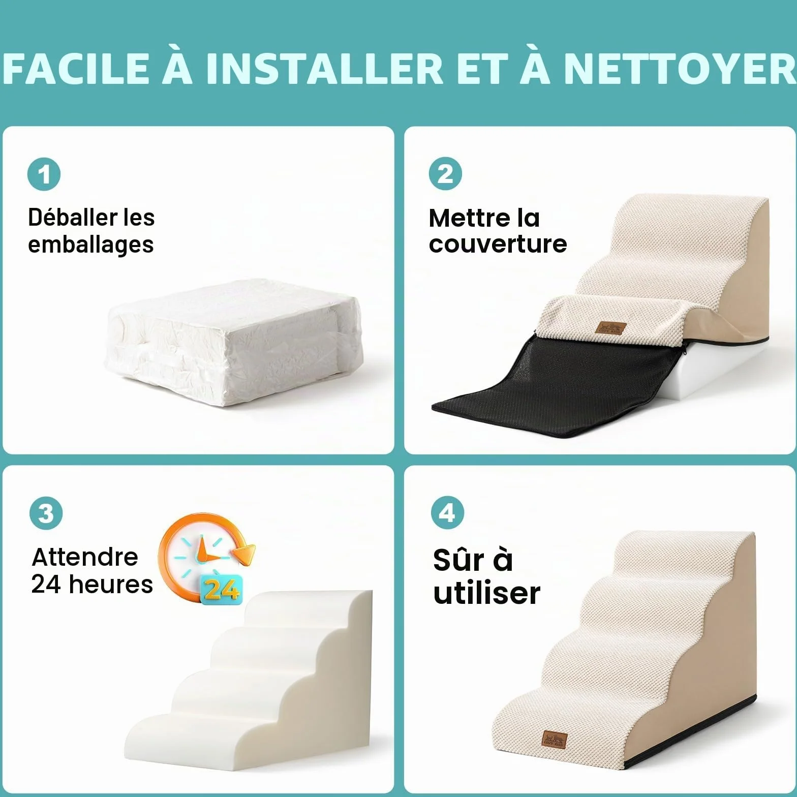COZY KISS Escalier pour Chien avec Couvercle Amovible, Éponge, Beige, 40x57x40cm