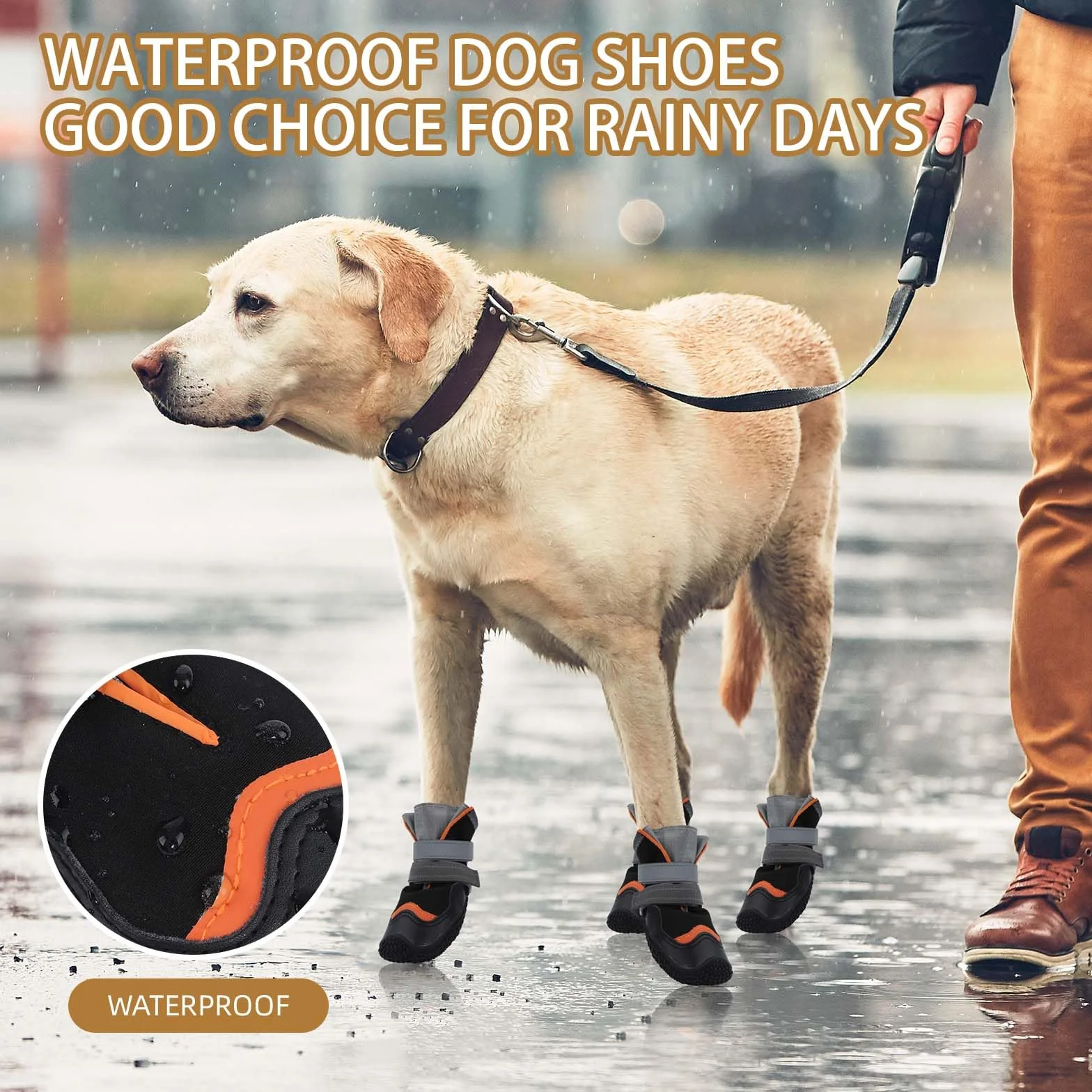 OHCOZZY Imperméables Bottines Chien Antidérapantes Sangles Réfléchissantes Semelles Résistant à l'usure 4 Pièces Orange