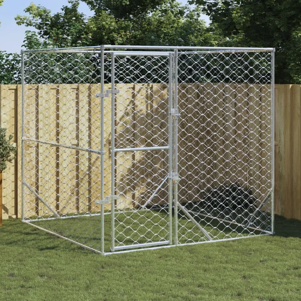 Toshilian Chenil d'extérieur pour Chien, Enclos Cage Métal Argenté 2x2x2 m Acier galvanisé