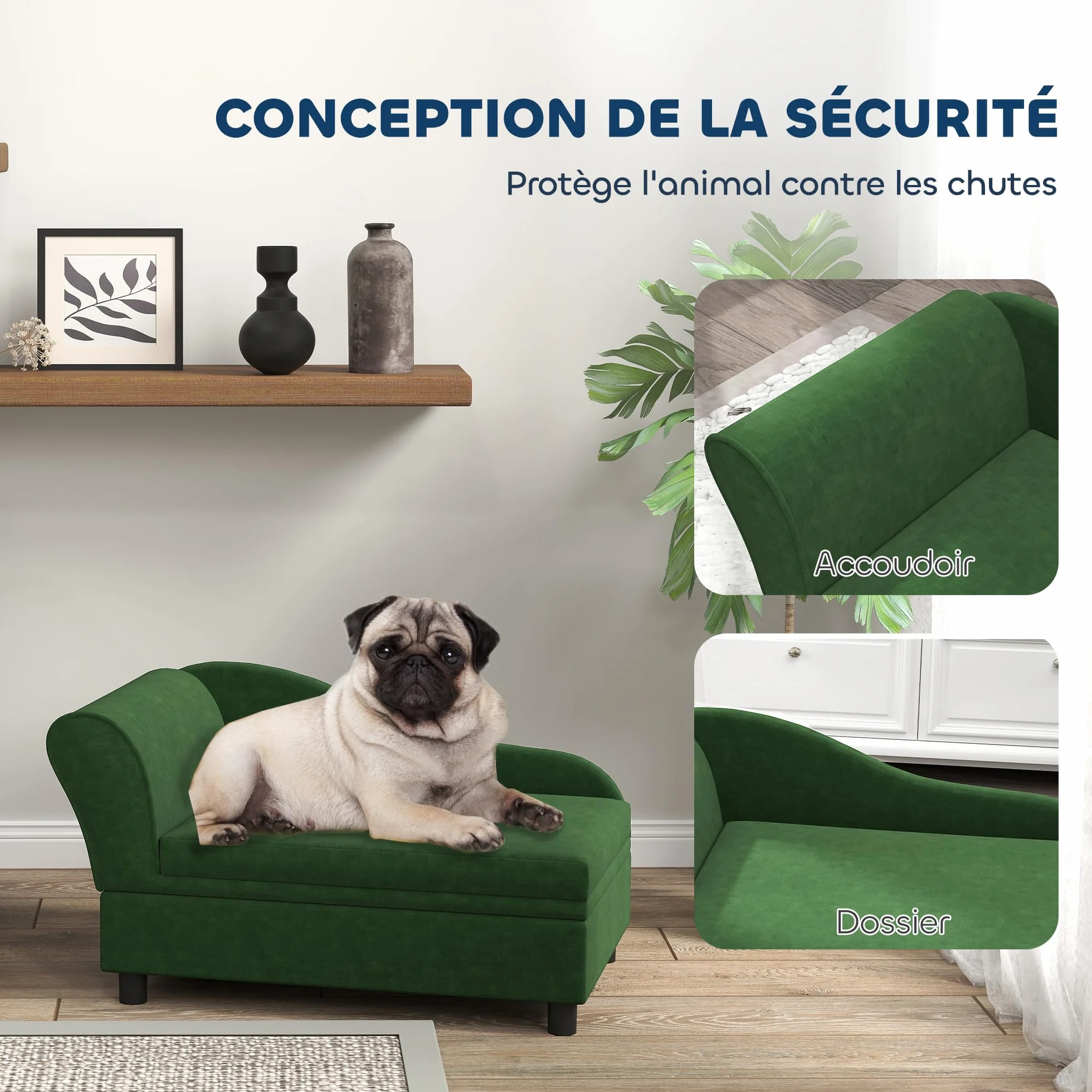 PawHut Canapé Chien Chat avec Coffre Rangement Style Moderne Coussin Amovible 76x45x43 cm Vert