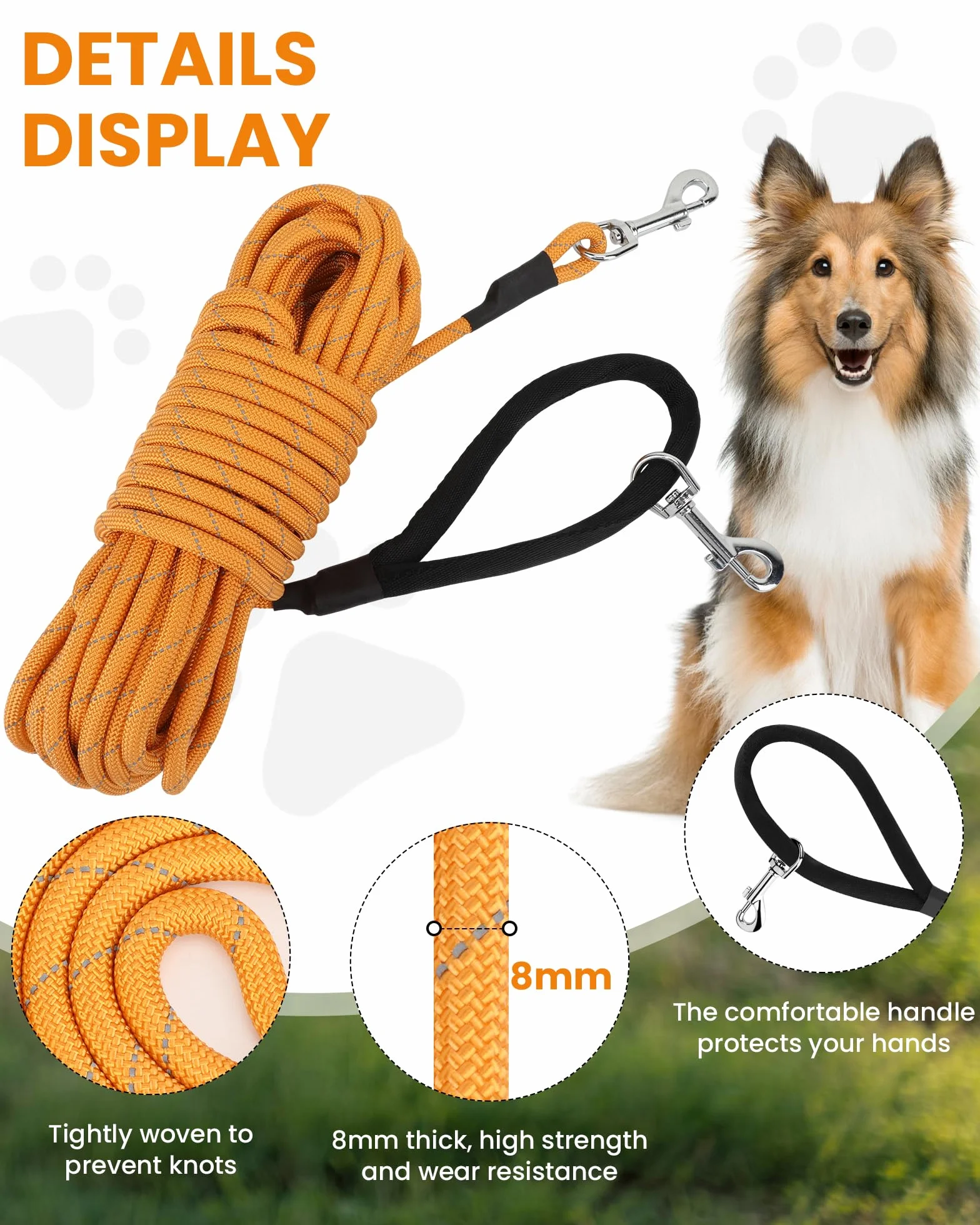 PETTOM Longe Chien 10m Réfléchissante avec 2 Mousquetons, Orange