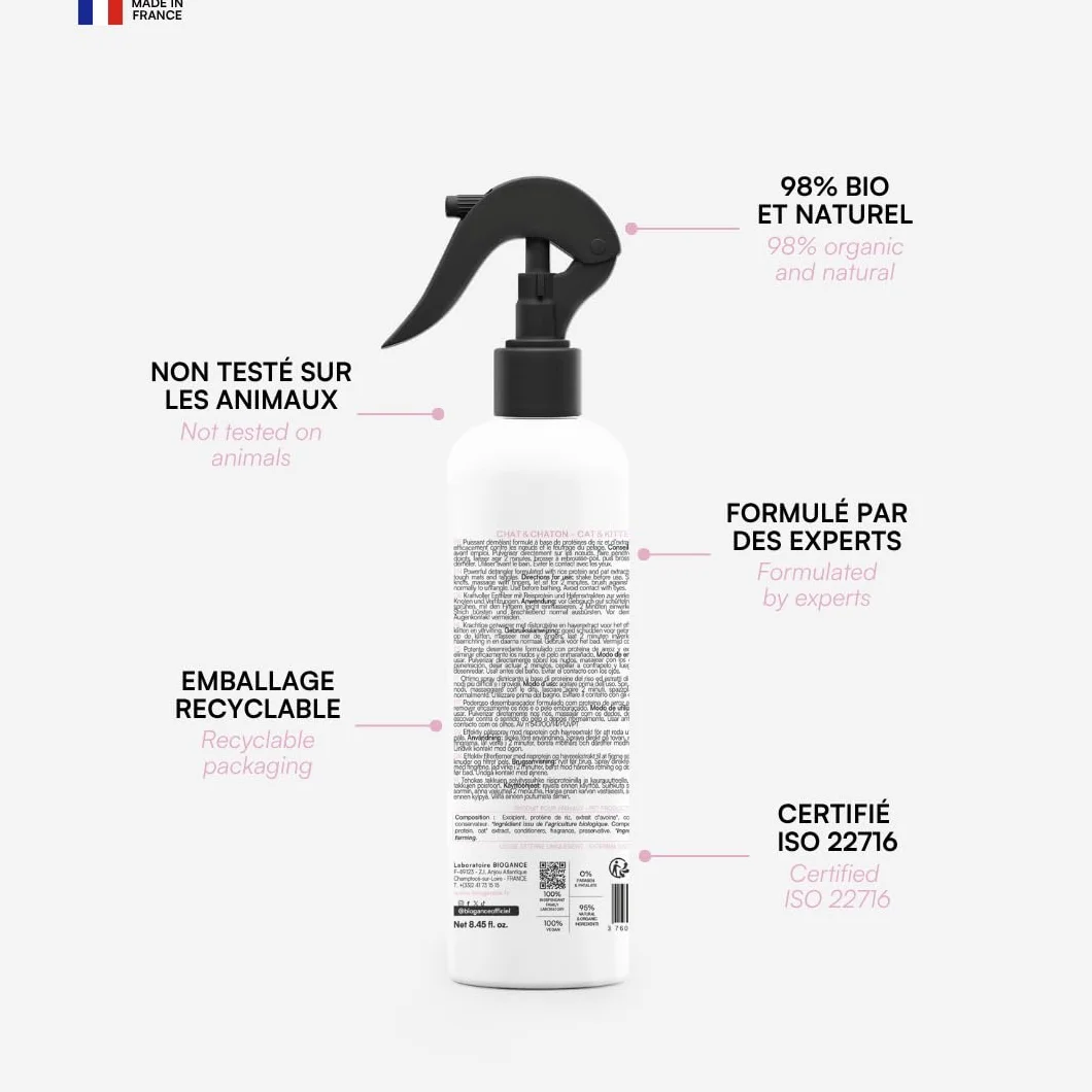 Biogance Démêlant Xtra Liss 250 ML Soin Chat Poils Longs Protéine de Riz Fabriqué en France