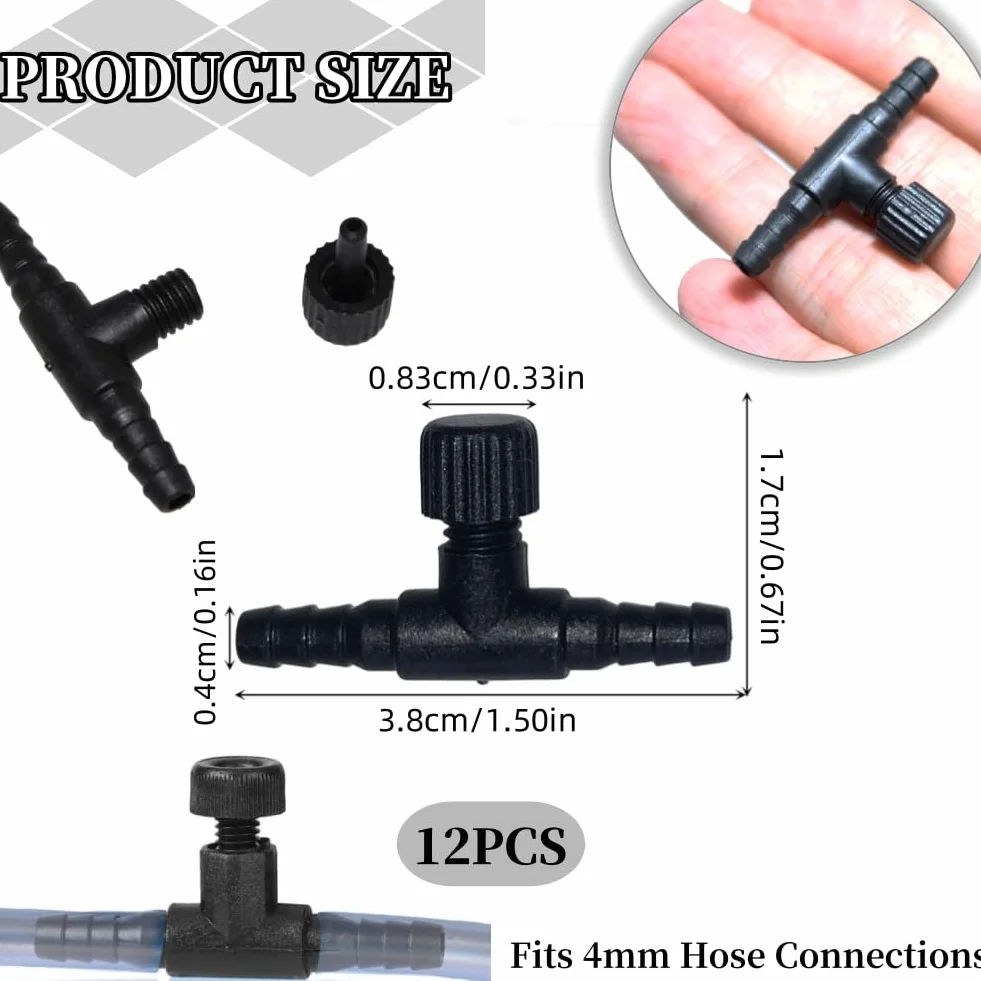 Aquarium Pompe Valve d'Air Vanne de Régulation T-Forme Connecteurs 2 Voies pour Tube 4 mm 12 Pcs Noir