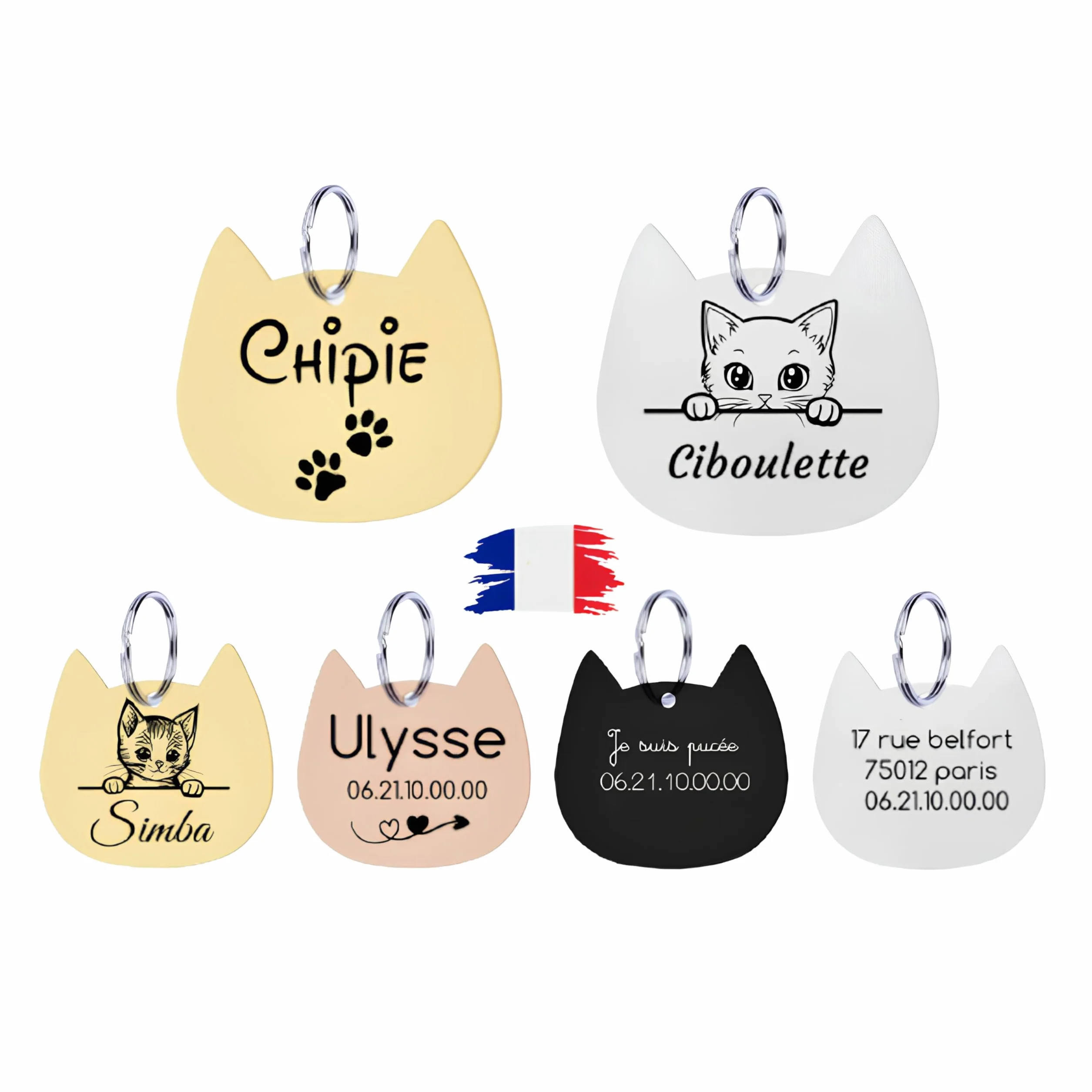 Médaille chat personnalisable acier inoxydable gravure laser France pendentif porte adresse collier