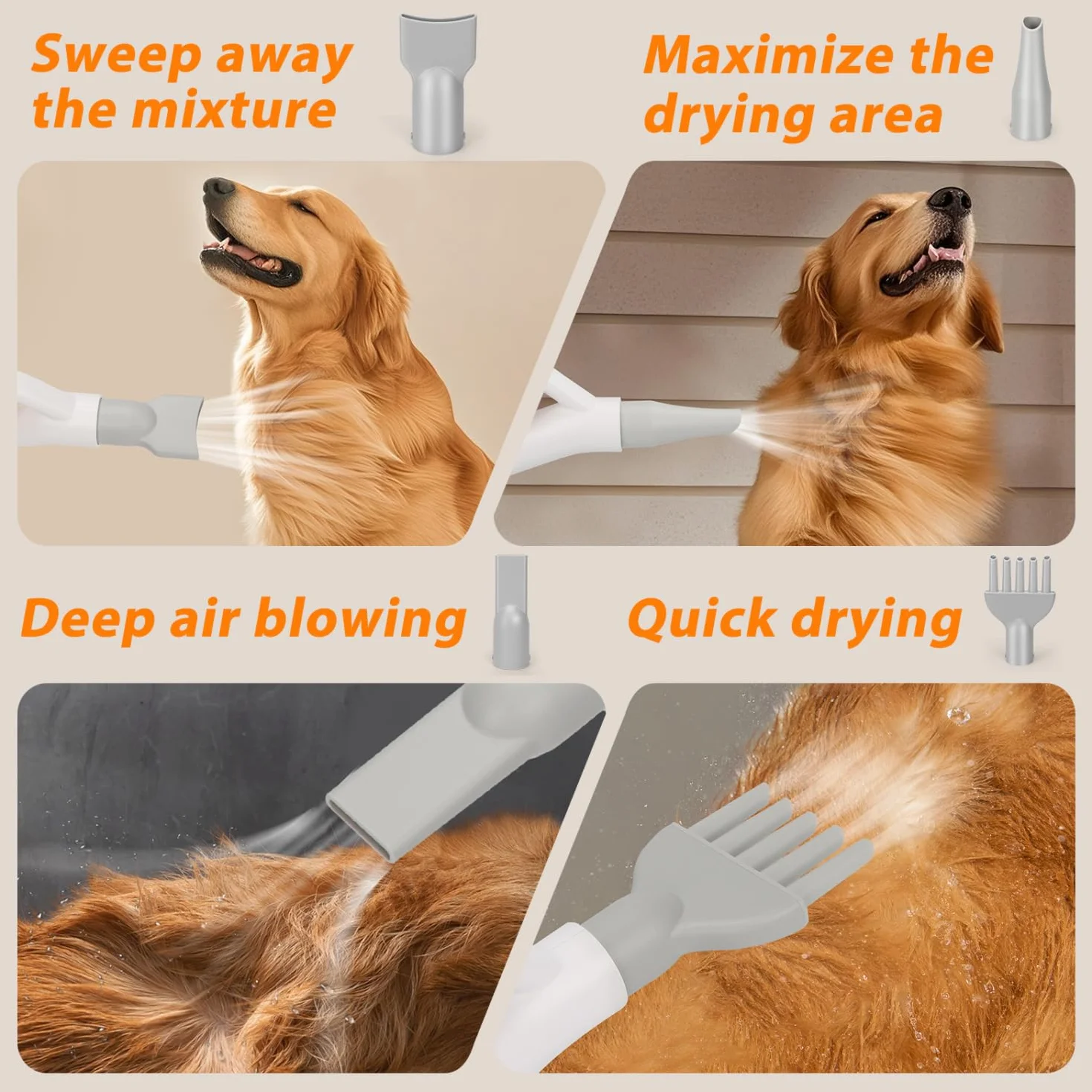 Nobleza Séchoir Professionnel pour Chiens et Animaux de Compagnie avec 4 Embouts, Vitesse/Température Réglables, Tuyau et Brosse Inclus, Faible Bruit