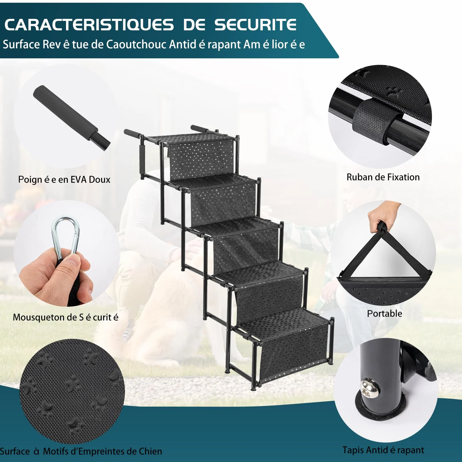 OUUTMEE Escalier pour Chien à 5 marches, Rampe Pliable avec Surface antidérapante, escalier pour Chiens Petits et Grands jusqu'à 80 kg, pour Voitures et SUV