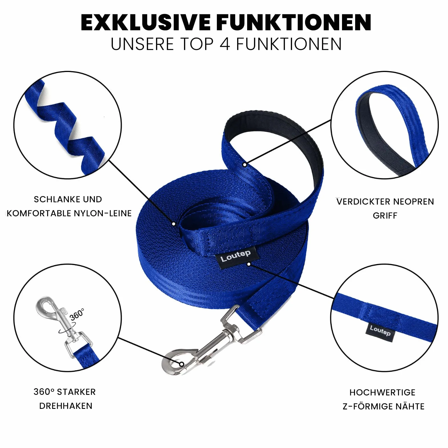 Laisse pour chien ski de fond imperméable légère 30 m bleu