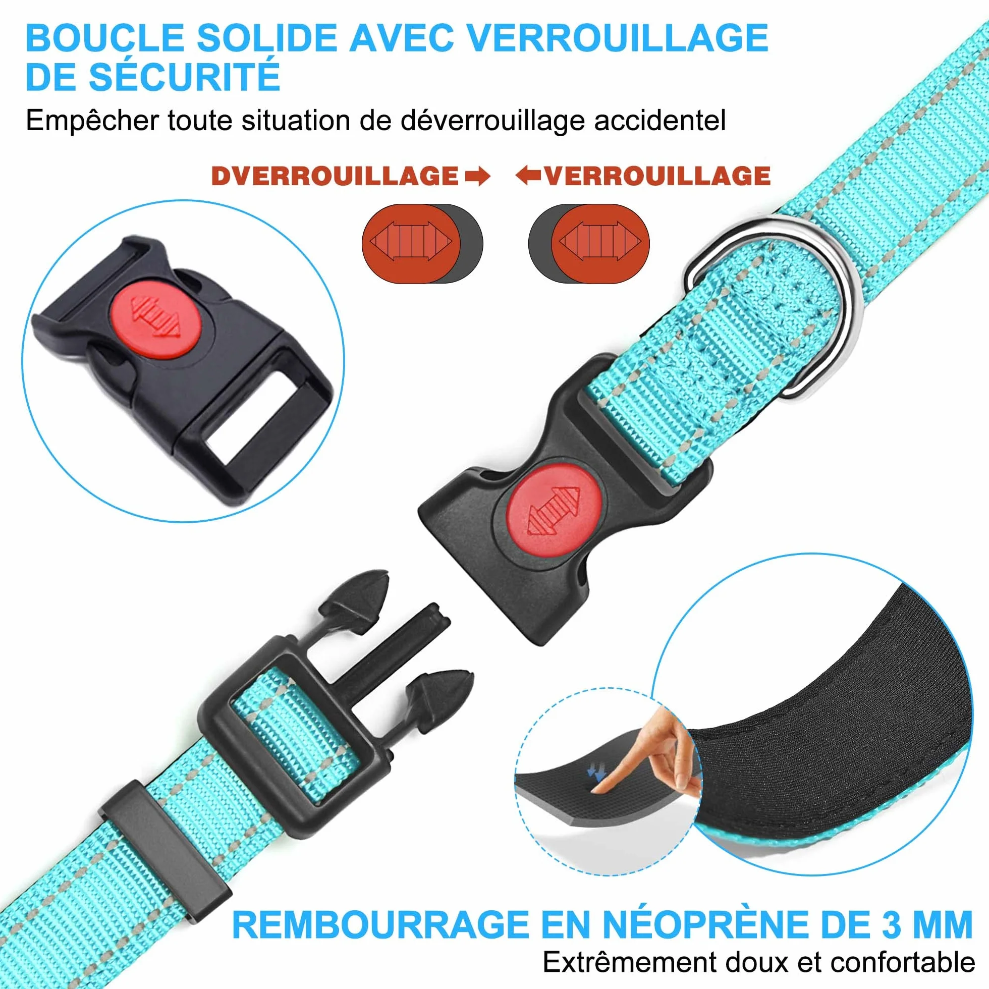 Collier pour Chien réfléchissant rembourré en néoprène Souple et Respirant, réglable en Nylon pour Chiens