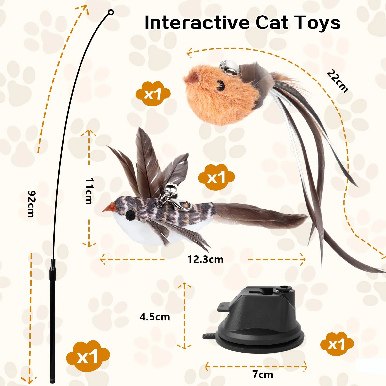 Jouet Chat Interactif 4 Pièces avec Ventouse, Canne à Pêche Chat avec 2 Oiseaux à Clochettes