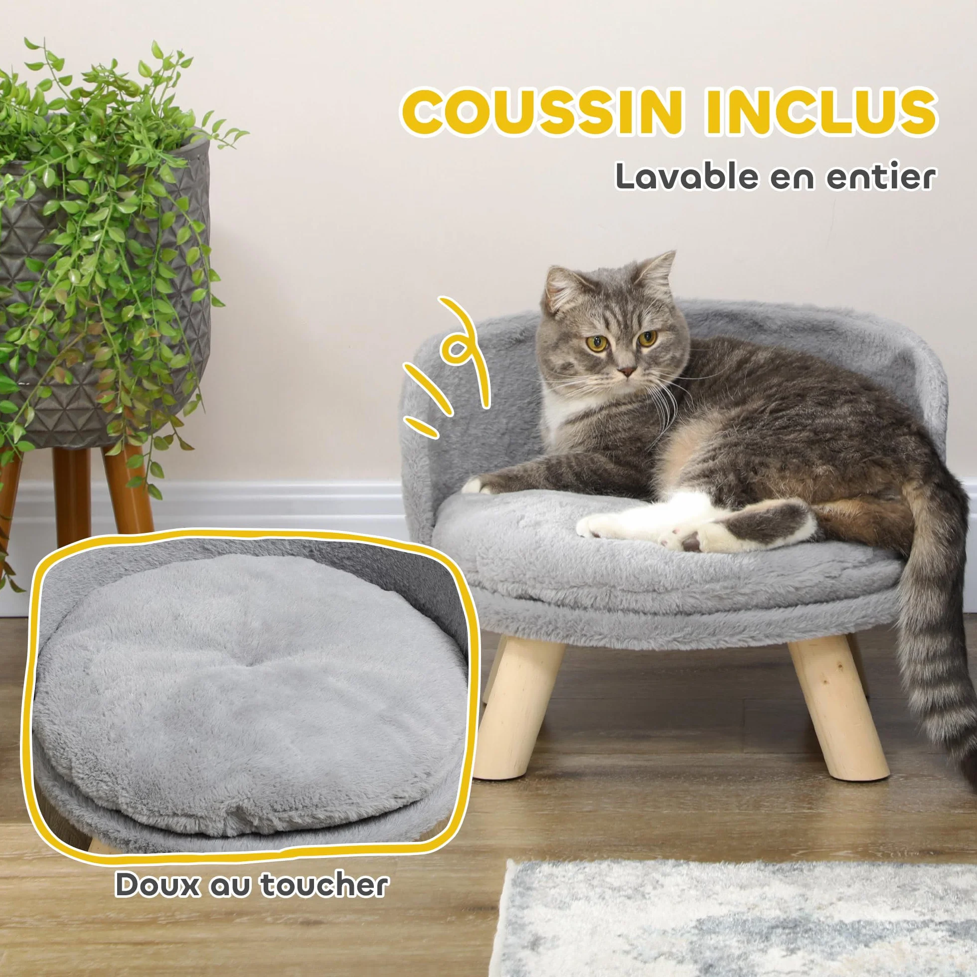 PawHut Canapé lit Panier pour Chien Design scandinave Coussin Moelleux Amovible Pieds en Bois 40,5 x 33H cm Gris
