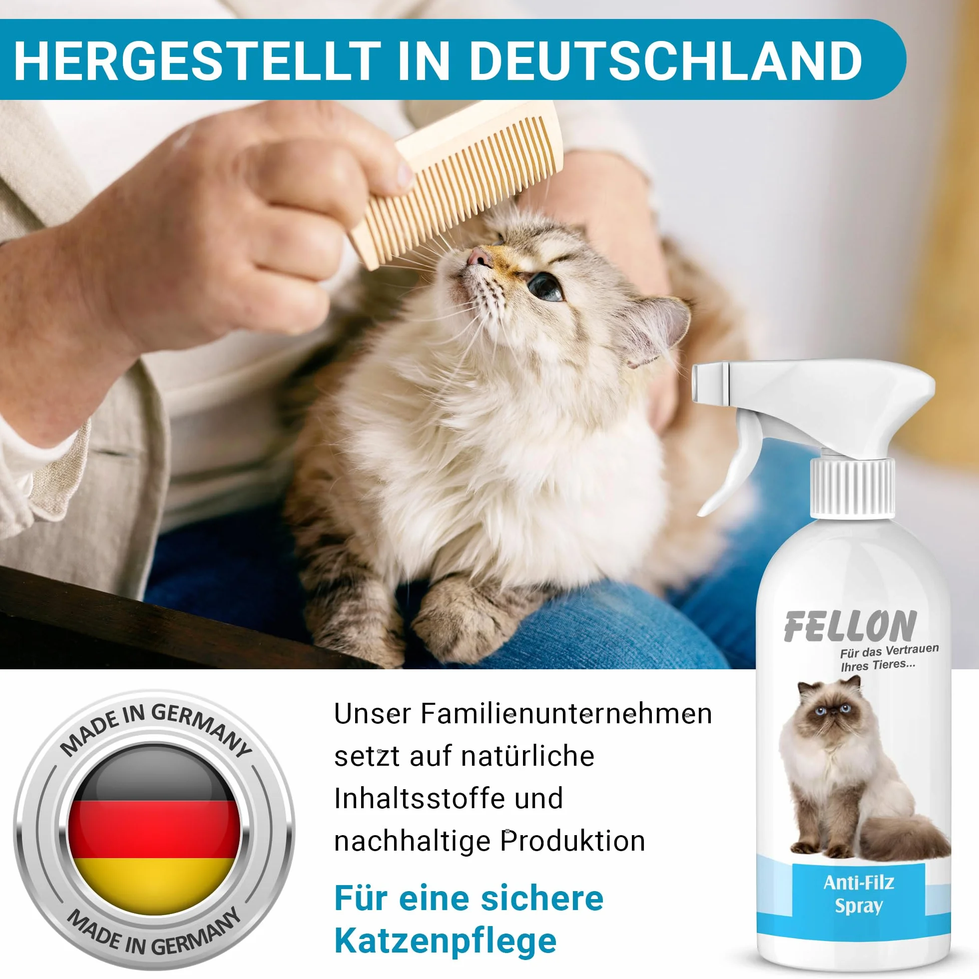 Fellon Spray anti-feutre pour chats - Spray démêlant 500 ml pH neutre - Soin du pelage brillance soyeuse
