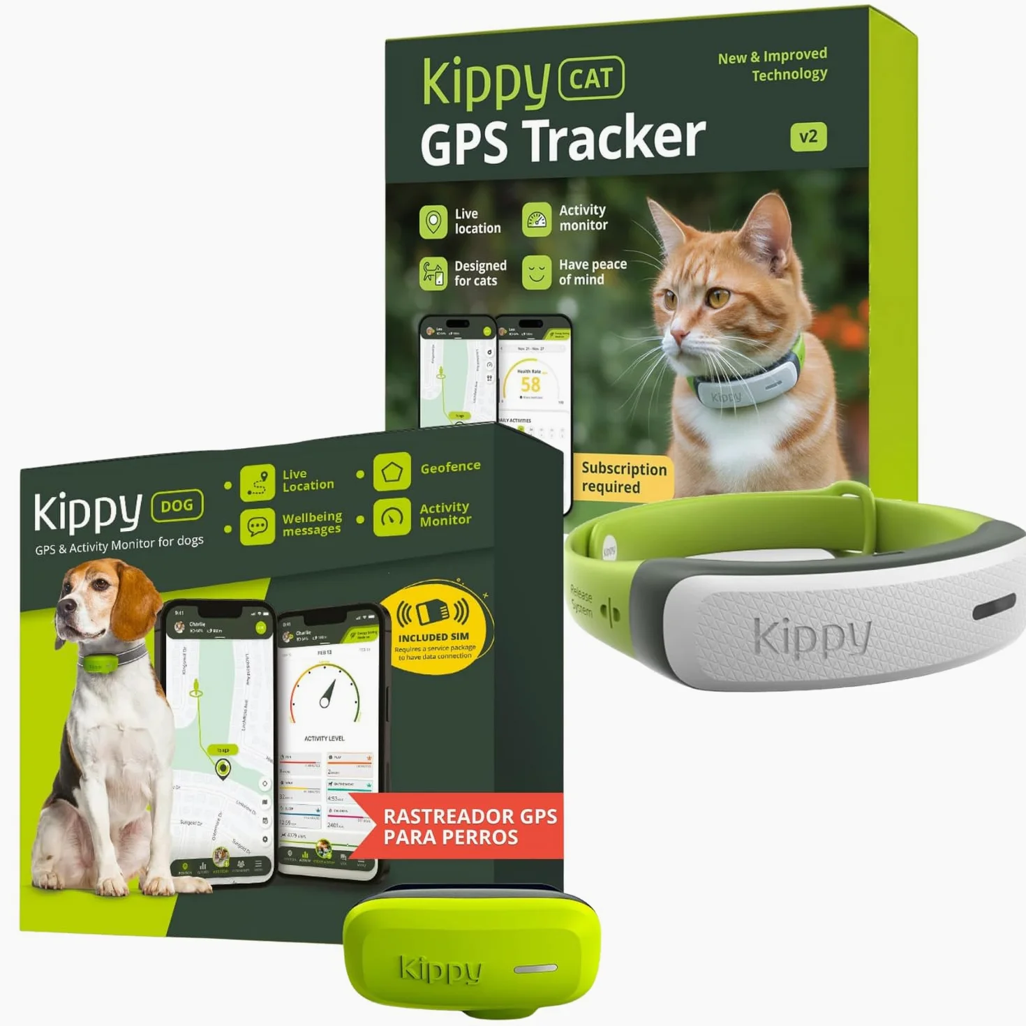 Kippy Pack GPS Chat V2 et Chien - Lot de 2, 1 Collier Chat V2 et 1 pour Chien, Suivi de Santé et d’Activité
