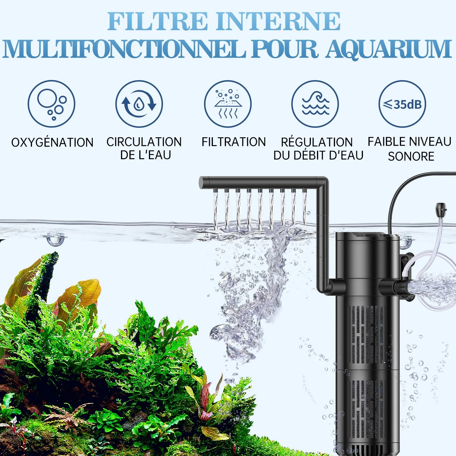 Filtre Aquarium 800L/H Débit Réglable 12W pour 30L-200L Eau Douce Salée