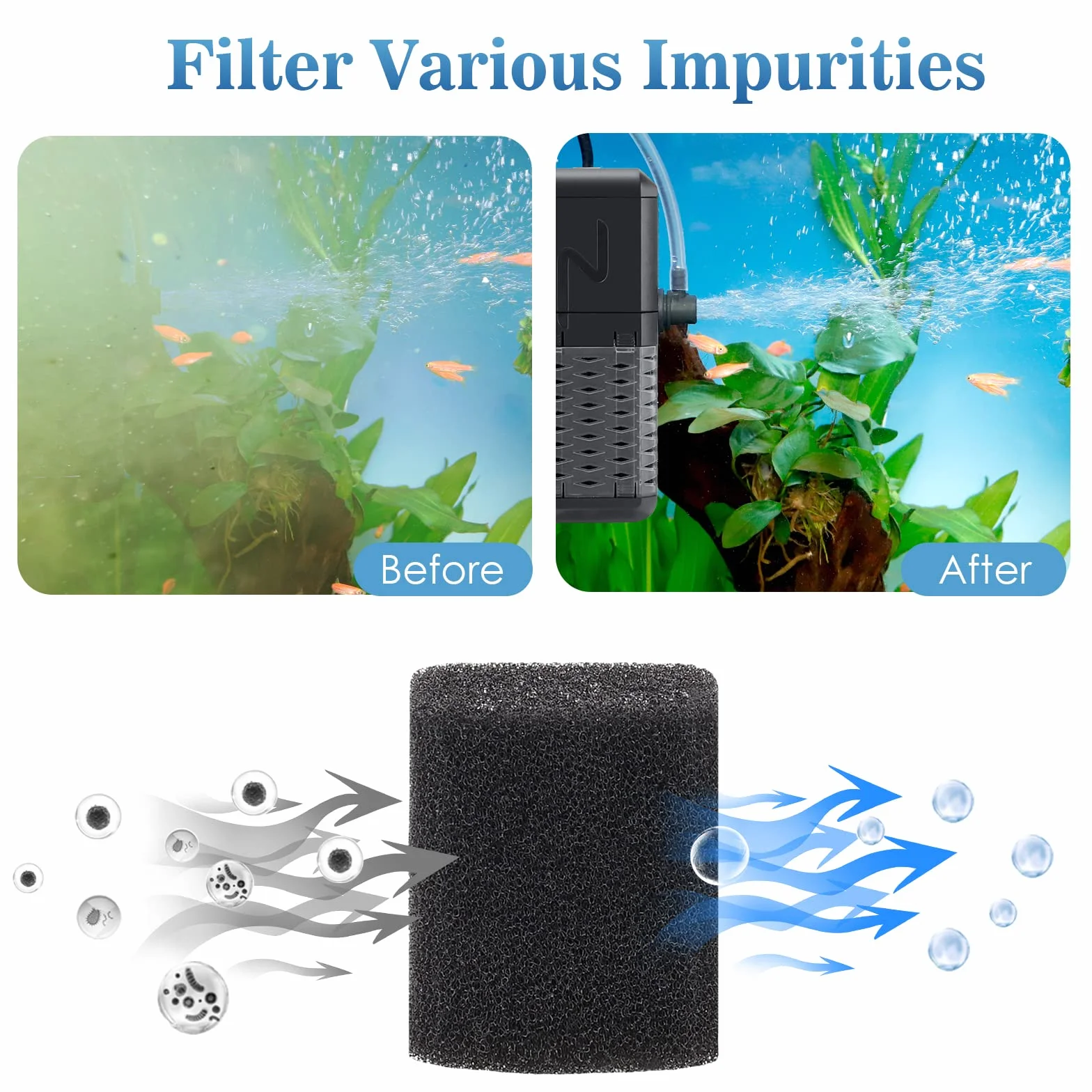 AQQA Filtre Aquarium Réglable 800L/H Pompe Aquarium Intérieur Ultra-Silencieux 9W