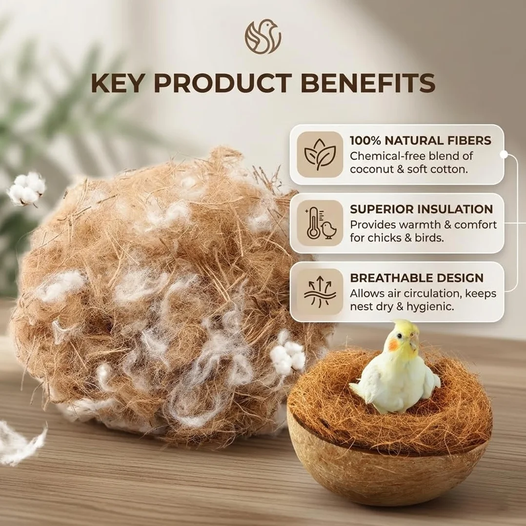 Matériau Naturel pour Nidification d'Oiseaux, Mélange Paille Jute Soie Coton, 40g