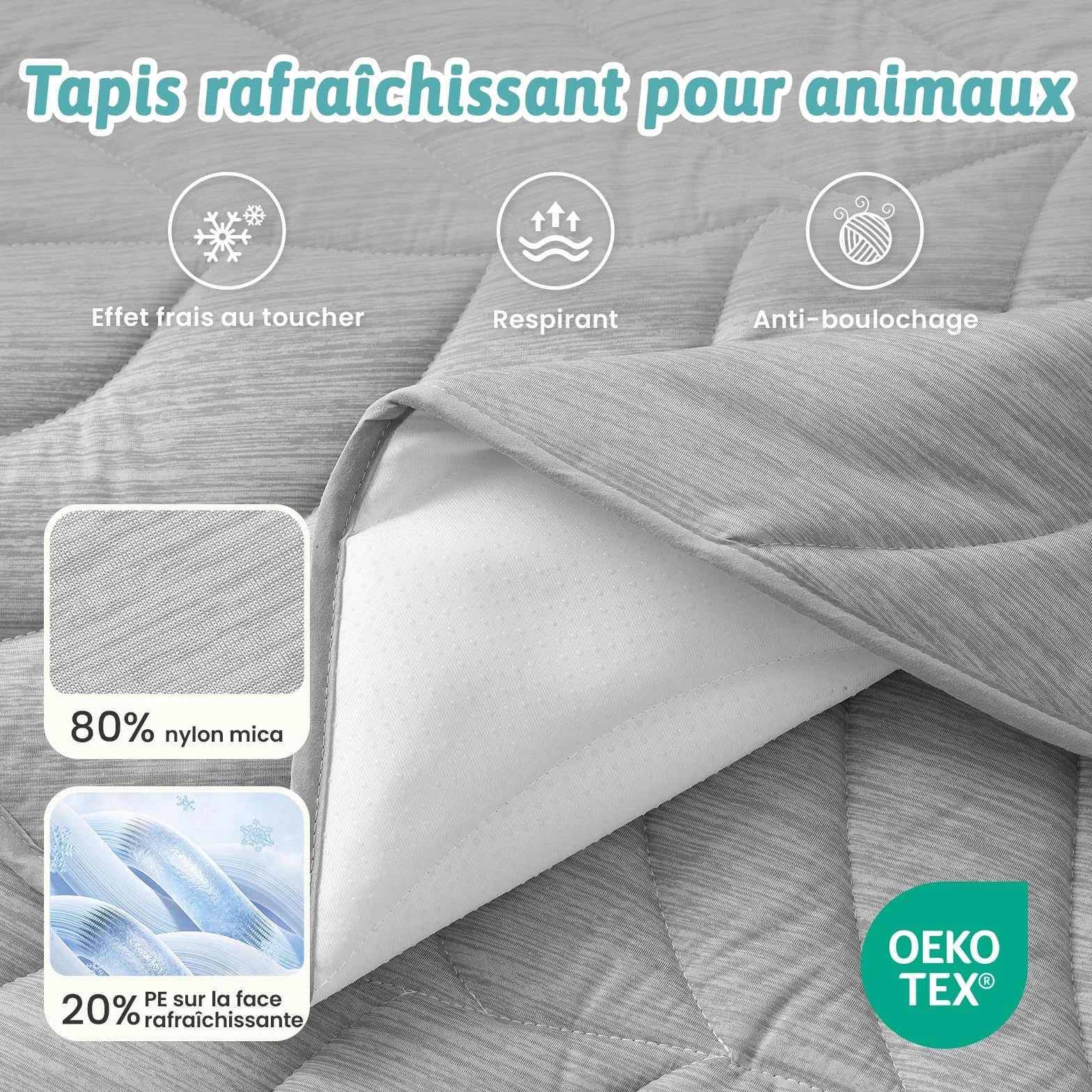 COZY KISS Coussin Rafraîchissant Chiens Chats 99x86cm, Tapis Refroidissement en Tissu sans Gel Q-Max>0.4, Auto-refroidissant, Imperméable Antidérapant Lavable, Forme Feuille, Gris