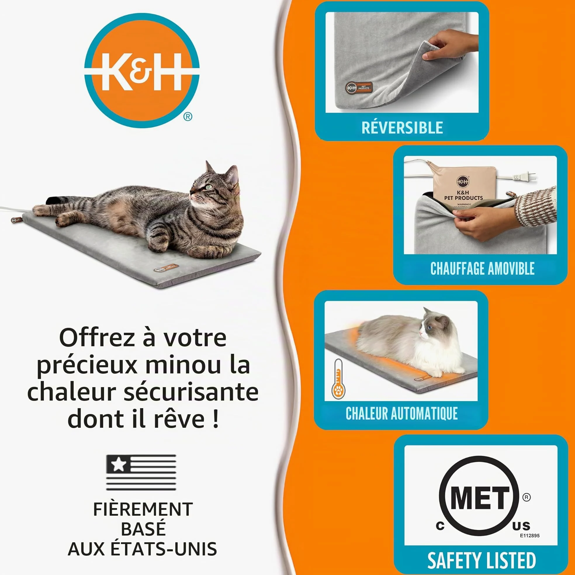 K&H Pet Products Tapis Chauffant pour Chat d'intérieur – Tapis Chauffant apaisant et Chaud pour Animaux de Compagnie – Lavable en Machine – Chauffage imperméable – Sécurité listée – 31,5 x 63,5 cm –